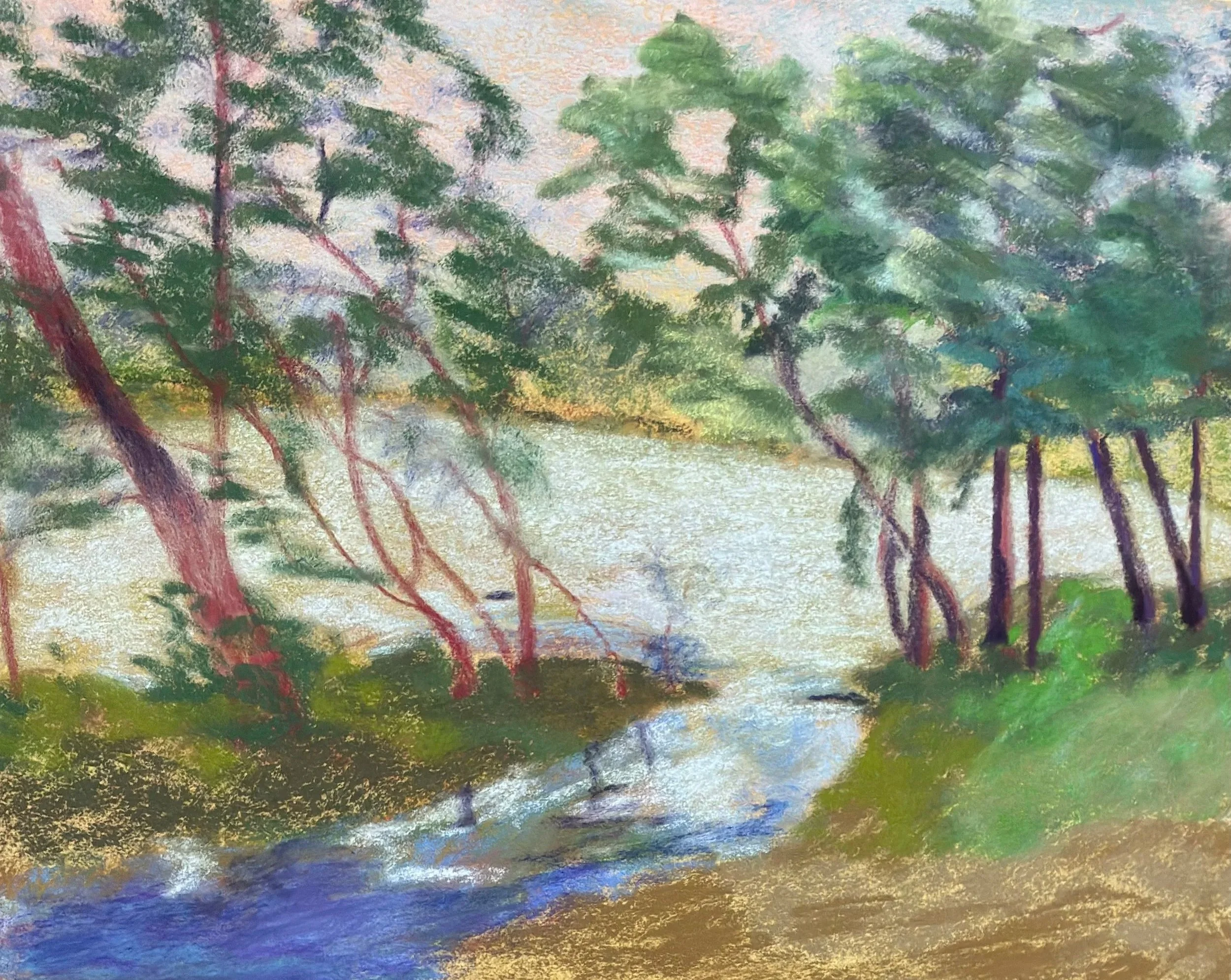 NANCY CLAUSEN ~ By the River, 11.5 x 15, Sennelier paper, Faber Castell hard pastels, great American and Terry Ludwig - "I have done this scene in a variety of ways. It's one of my favorites. We had a family outing there some years ago and this parti