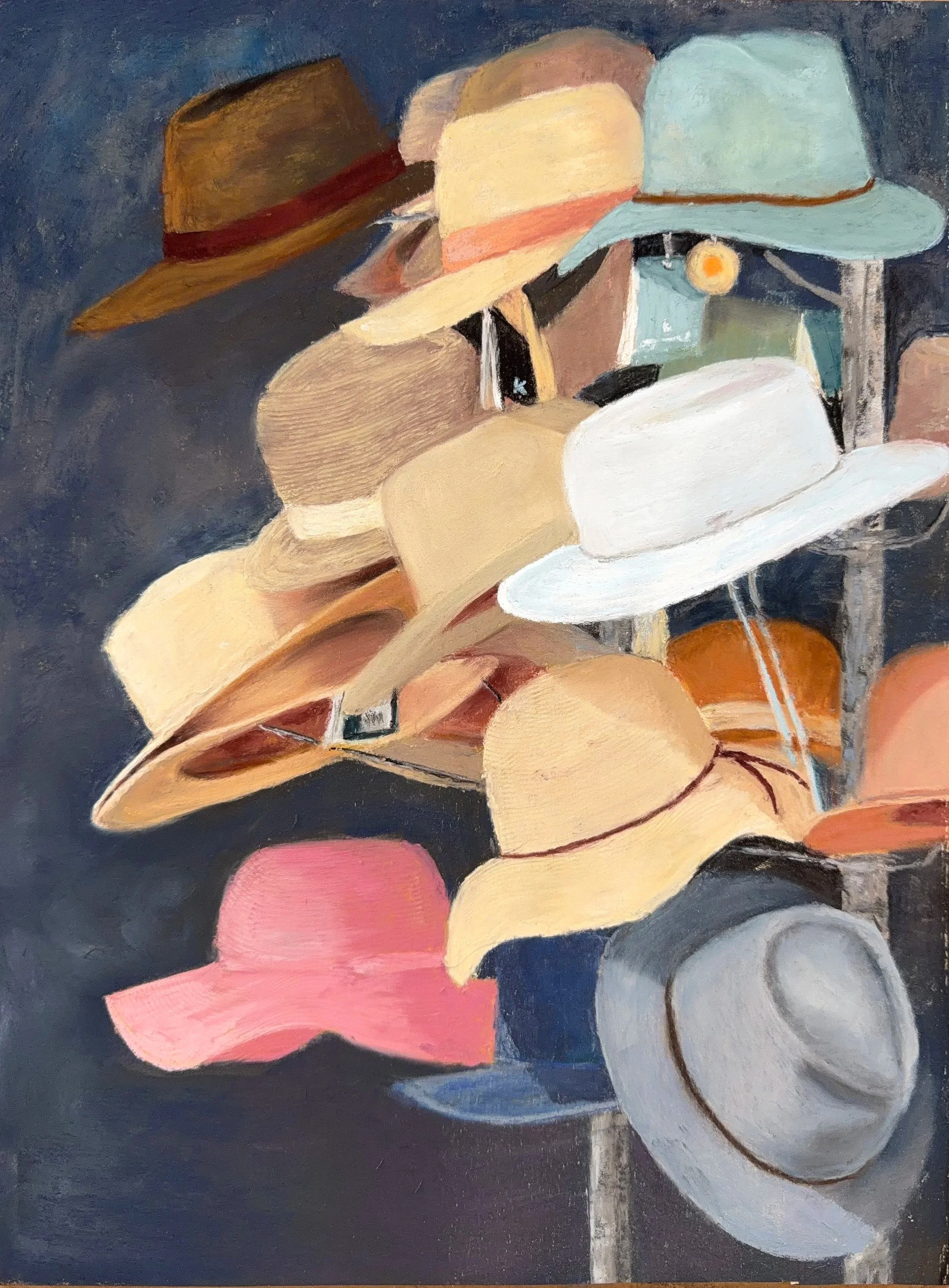 ANDREA STUTESMAN ~ Headed Somewhere, 16 x 12", UArt paper - "I took this photo in New Zealand in April. I was attracted to the stack of hats with their shapes and colors. I had planned on painting them at some point, and this was the perfect opportun