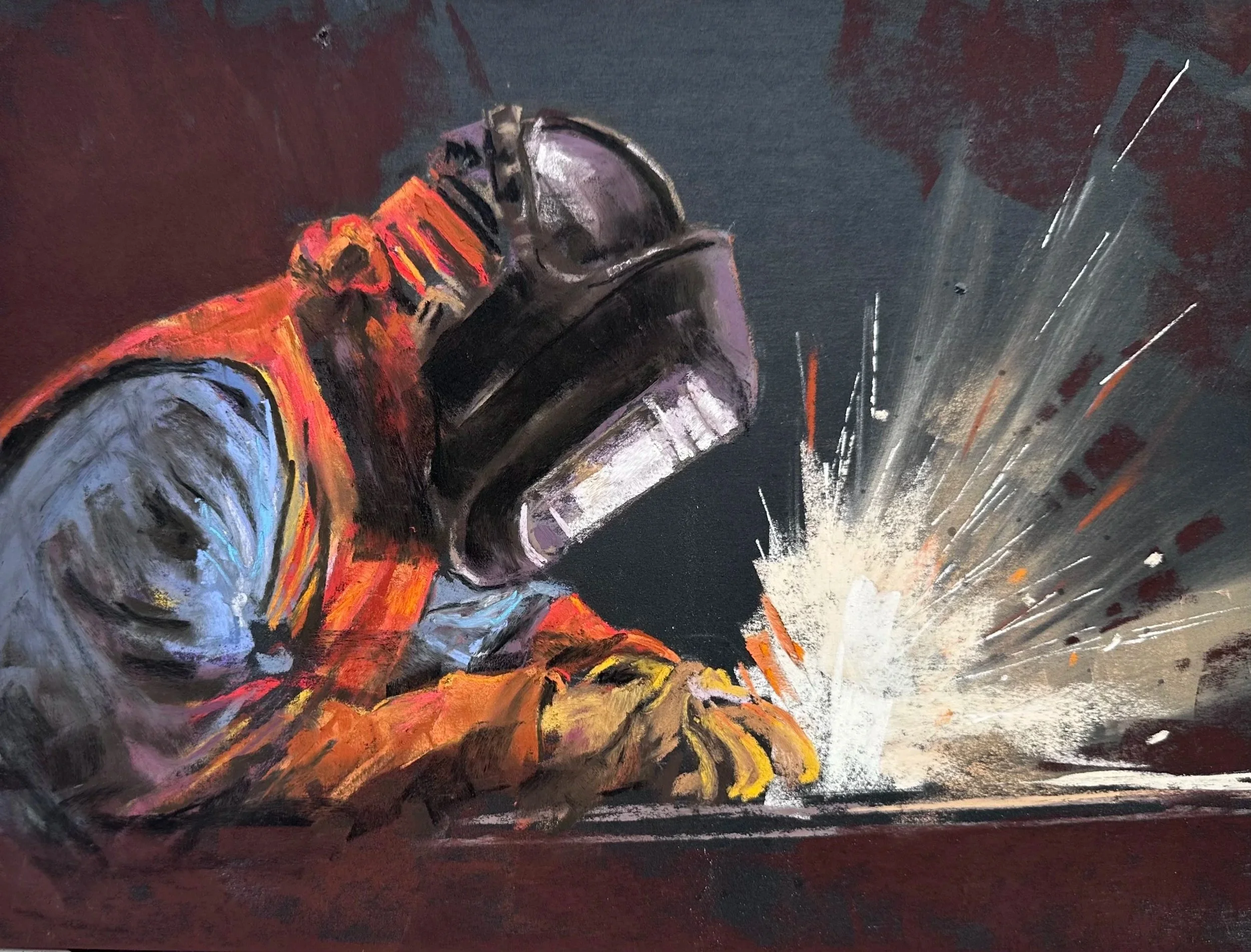  PAT QUIGLEY ~ Concentration, 9 x 12", UART Dark, soft pastels - "While in the Army, my dad learned to weld. He said it required tremendous focus to get it right - something he repeated often when we were lazy about homework. His birthday coincided w