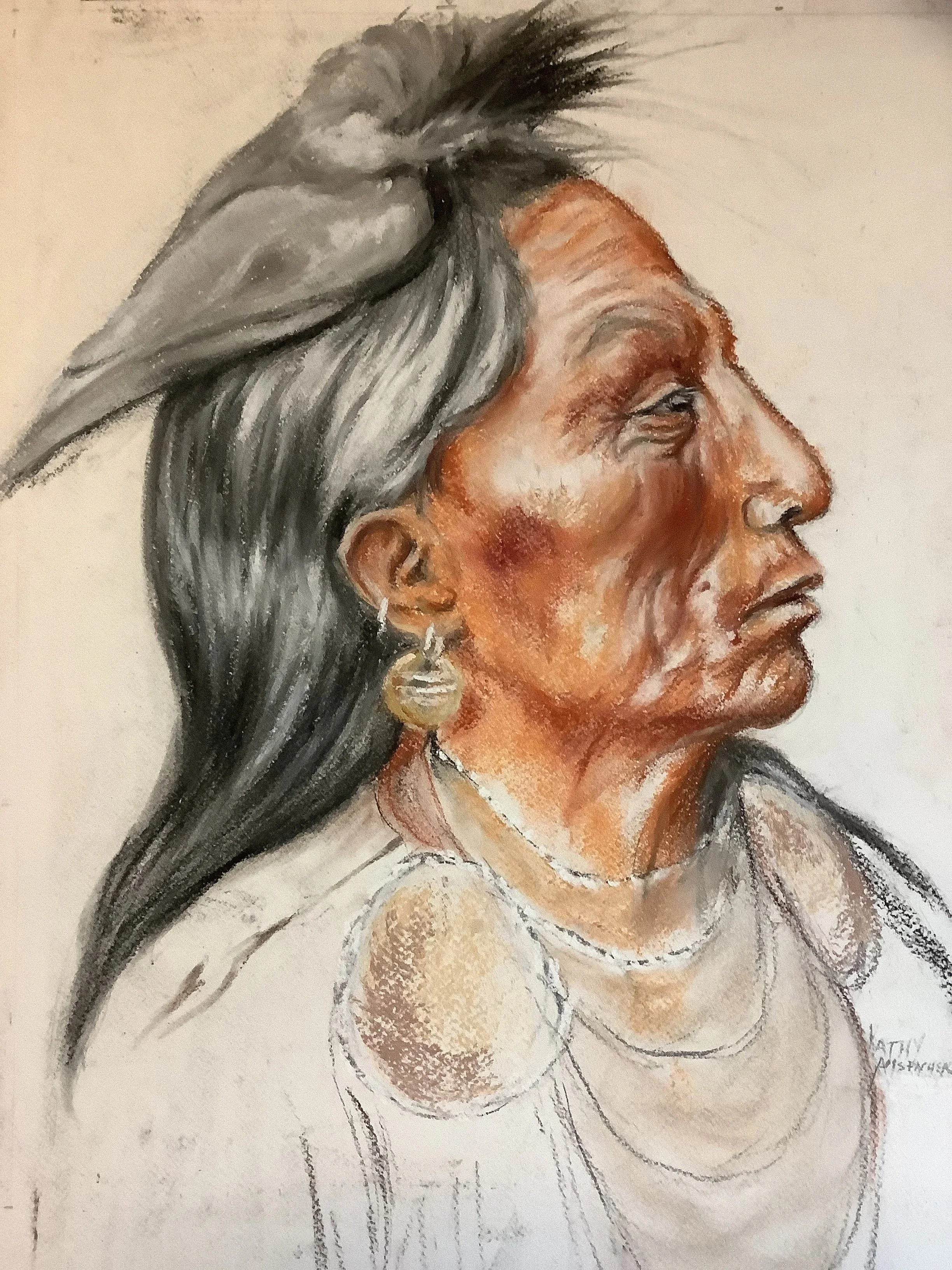 KATHY AMSPACHER ~ Medicine Crow - Hawk Headdress, 18 x 15", watercolor paper with soft pastels and pastel pencils - "The lives of Native Americans have always been interesting to me. I was inspired by the photography of Edward S. Curtis, 1868-1952. S