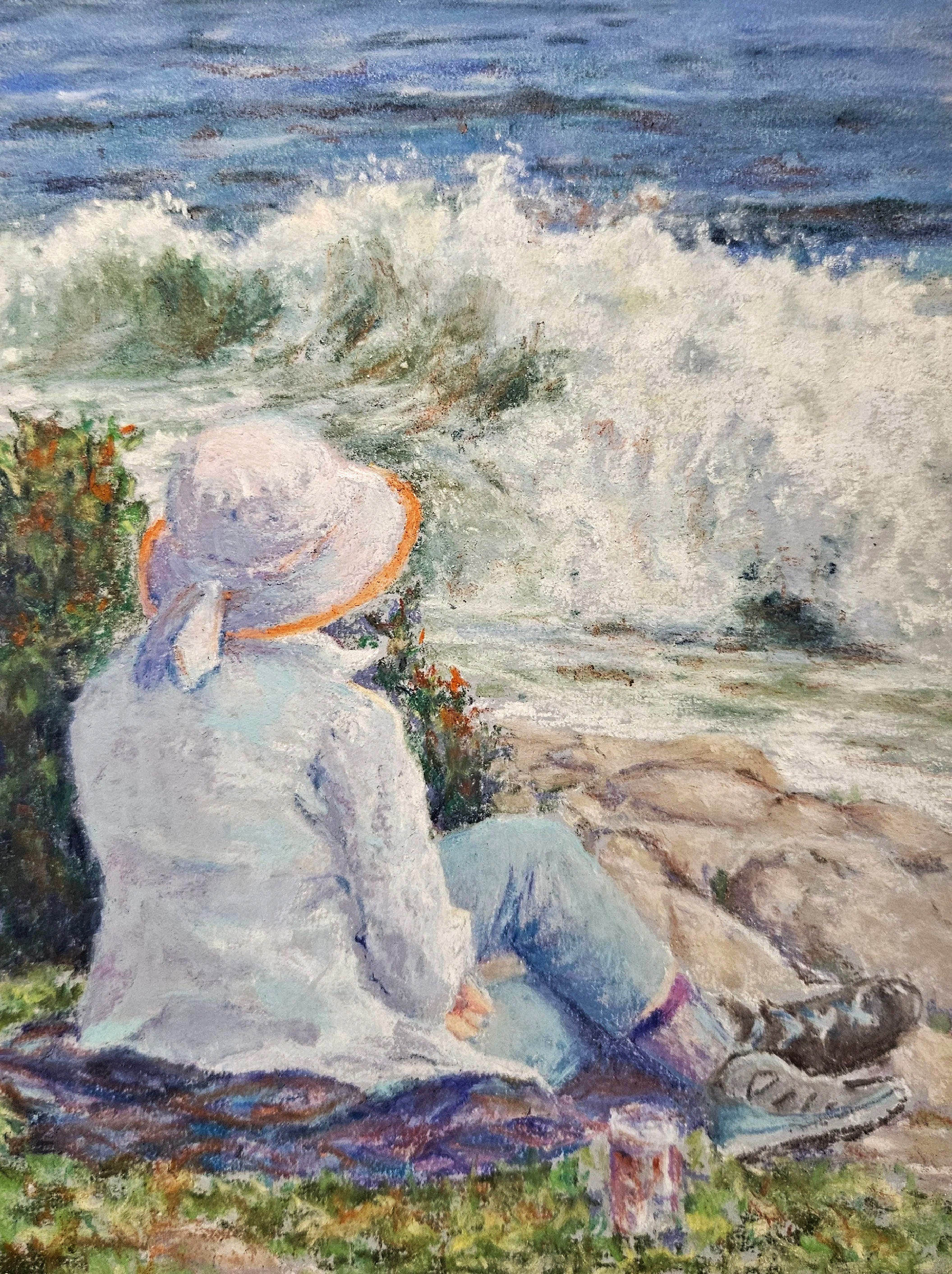 J KAY GORDON ~ Watching the Waves, 8 x 6" - "This lady was sitting at Blueberry Hill, on the Schoodic Loop Road of Acadia National Park watching high waves that were being generated by an off-shore storm when I took this photo. We're here in Maine fo