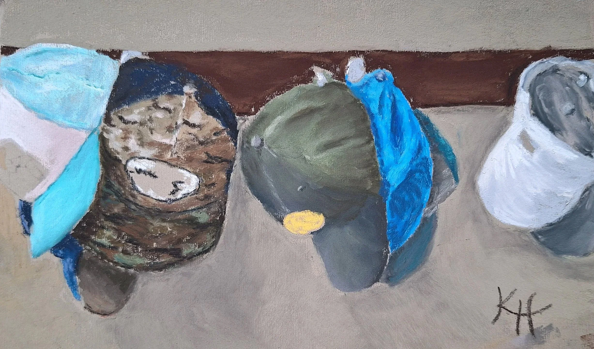 KATHERINE HUTCHINSON ~ Beach Hats, 7.5 x 12", Pastel Premiere, Italian clay using various pastels - "I was expecting to redo my submission from the last adventure which was a portrait of one of my granddaughters in a big floppy hat when I walked past