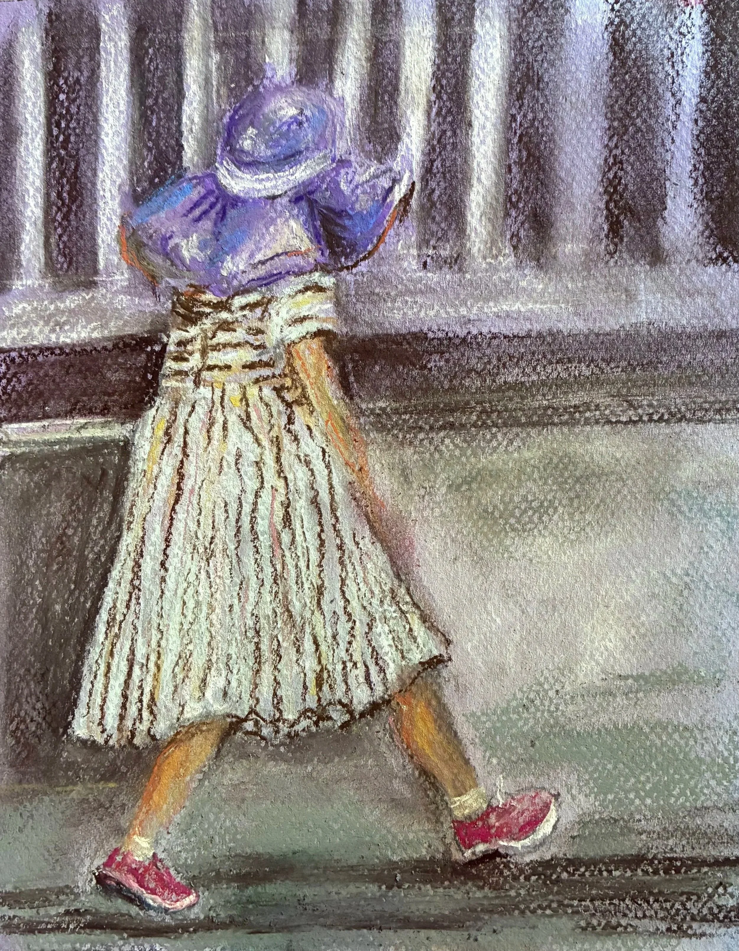  MARGARET LYN-SOROKEN ~ Purple Hat - Sketch of photo taken of kid enjoying this oversize hat she kept playing with while walking. After examining it… striped dress and striped rail… double challenge… Thanks. - Black Mountain, NC