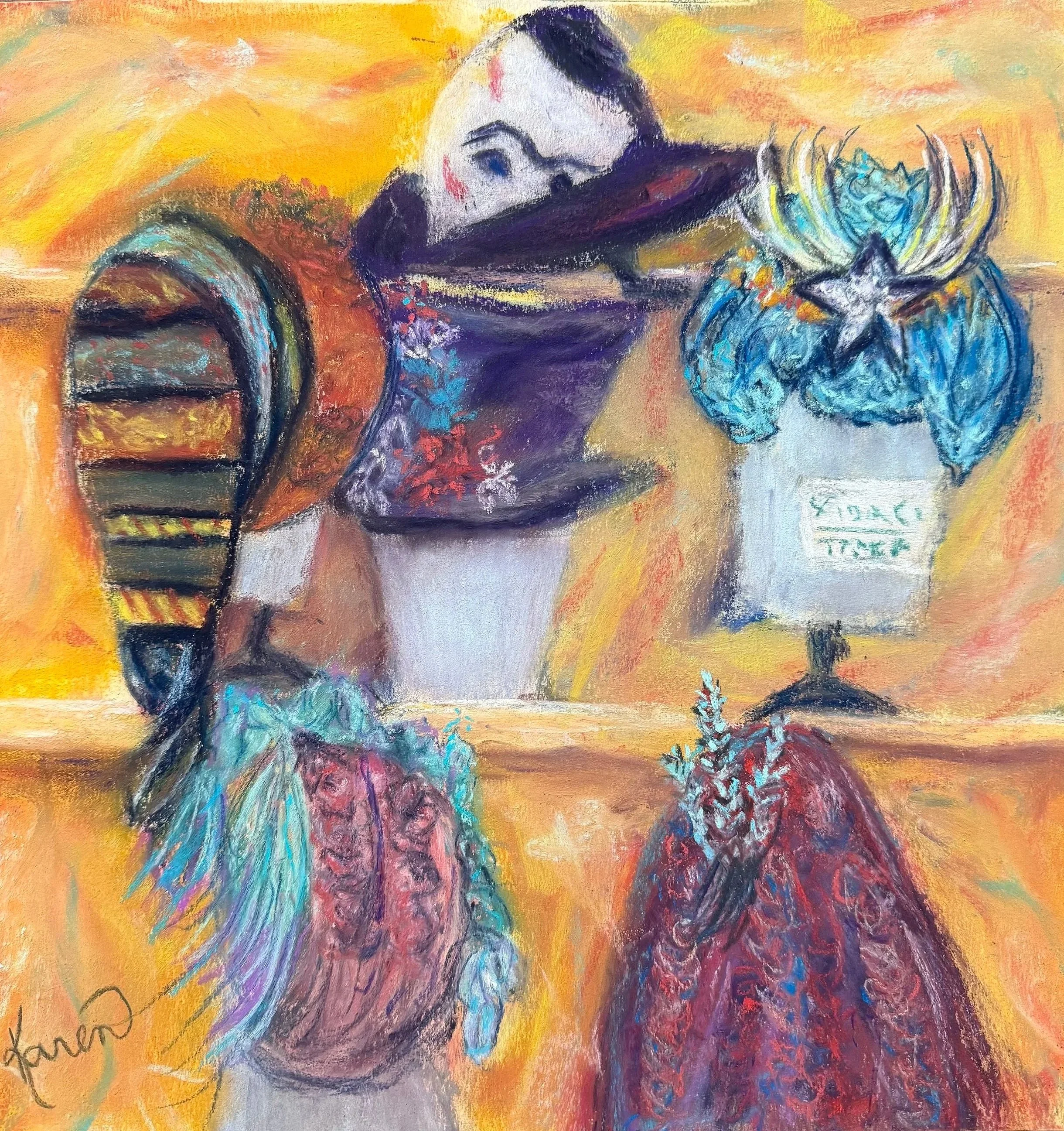  KAREN KNAUB ~ Phantom Hats, 12 x 12", various soft pastels on premier paper - "In 2019 while visiting our son in NY we saw Phantom of the Opera. He has many theater connections and got us a backstage tour. To this day I am not sure what was more imp