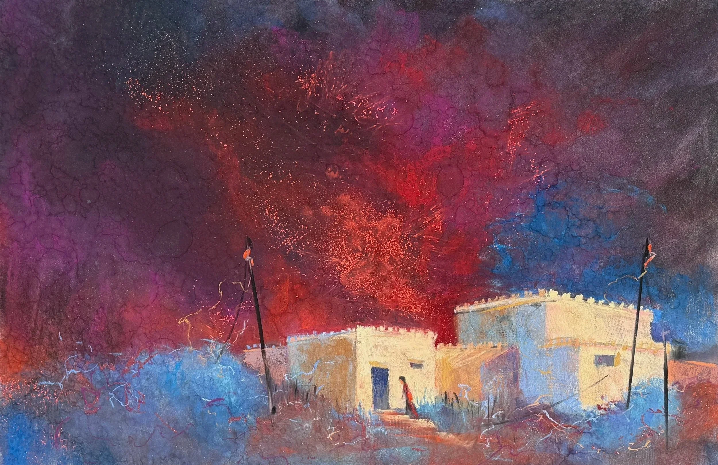 TERRILYNN DUBREUIL ~ Conflagration, 12 x 18", various soft pastels on UArt 500 - "Is it fire sparks, or an explosion, or a wild storm in the sky? After I spent a couple months out west where everything is bone dry, furnace-like and dusty, this feelin