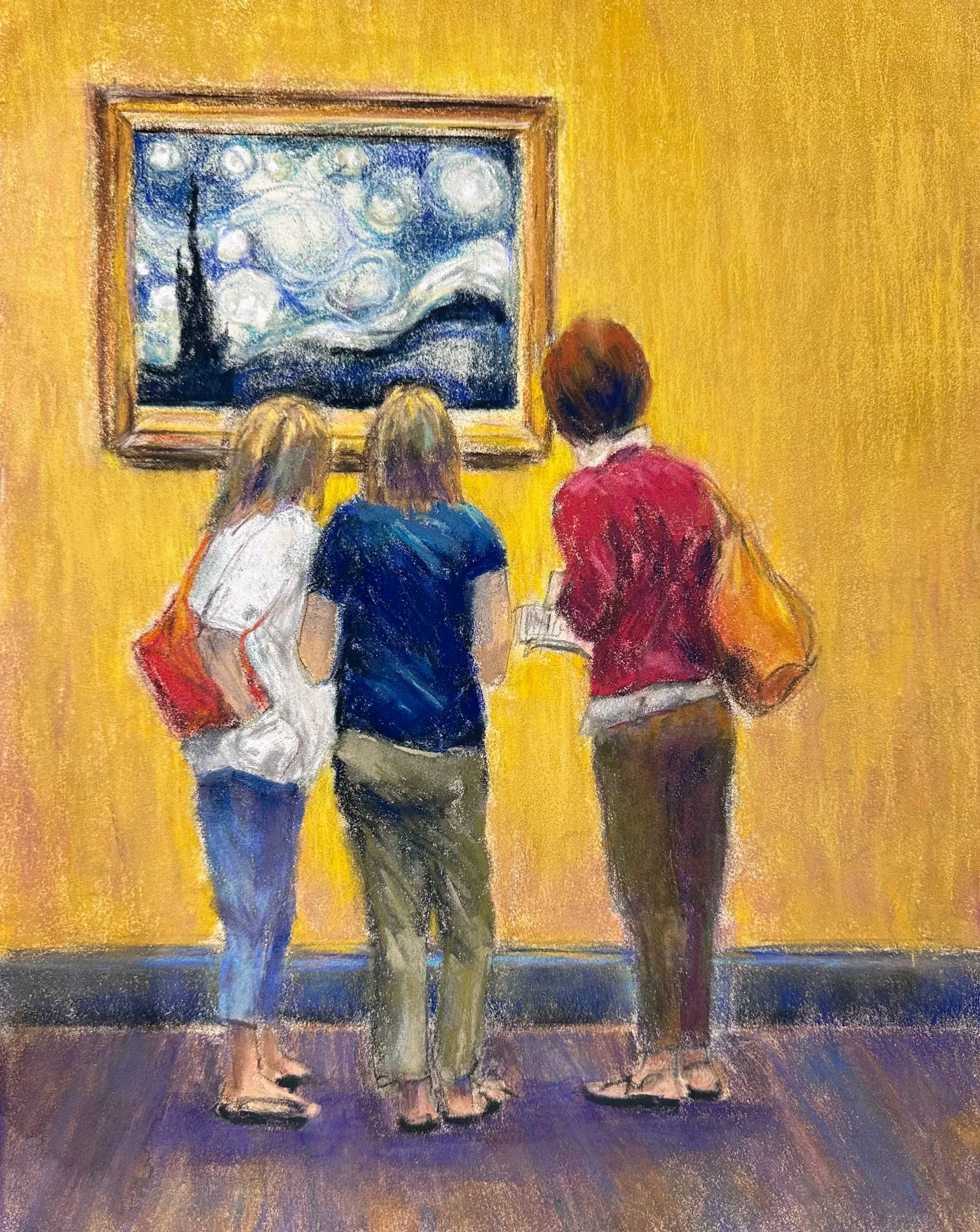 PAT QUIGLEY ~ Under the Stars, 16 x 12", hard and soft pastels on Canson Velvet - "I have been a fan of Gail Sibley's "Museum Goers" pastel series and wanted to give the idea a try, using red, white and blue as a color theme. Found it difficult to ha
