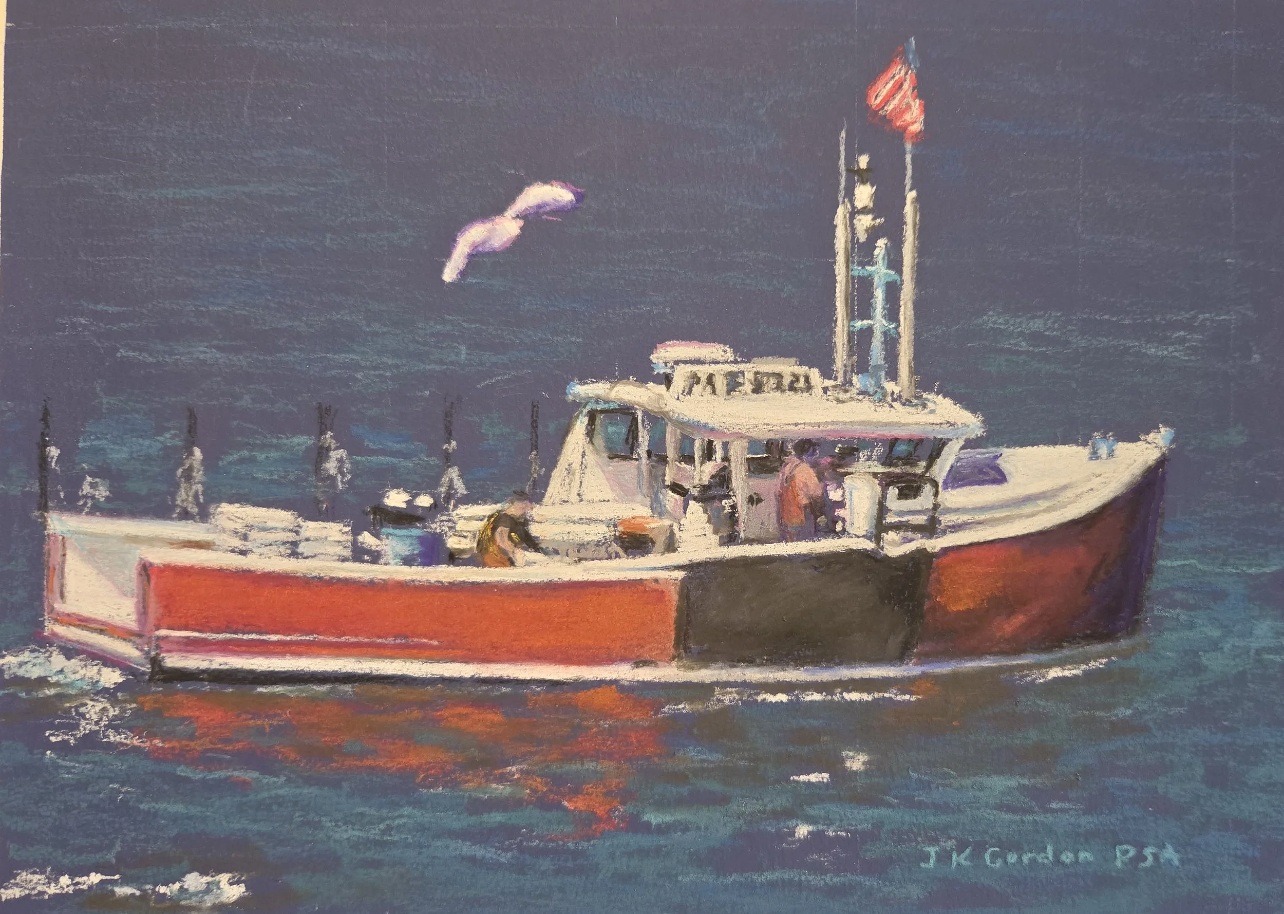 J KAY GORDON ~ Maine Lobstah Boat, 6 x 8" - "I took photos of this boat last year while they were working their traps off the Schoodic shore. The bright red color of the boat, along with the blue water fit right into this week's Adventure. I painted 