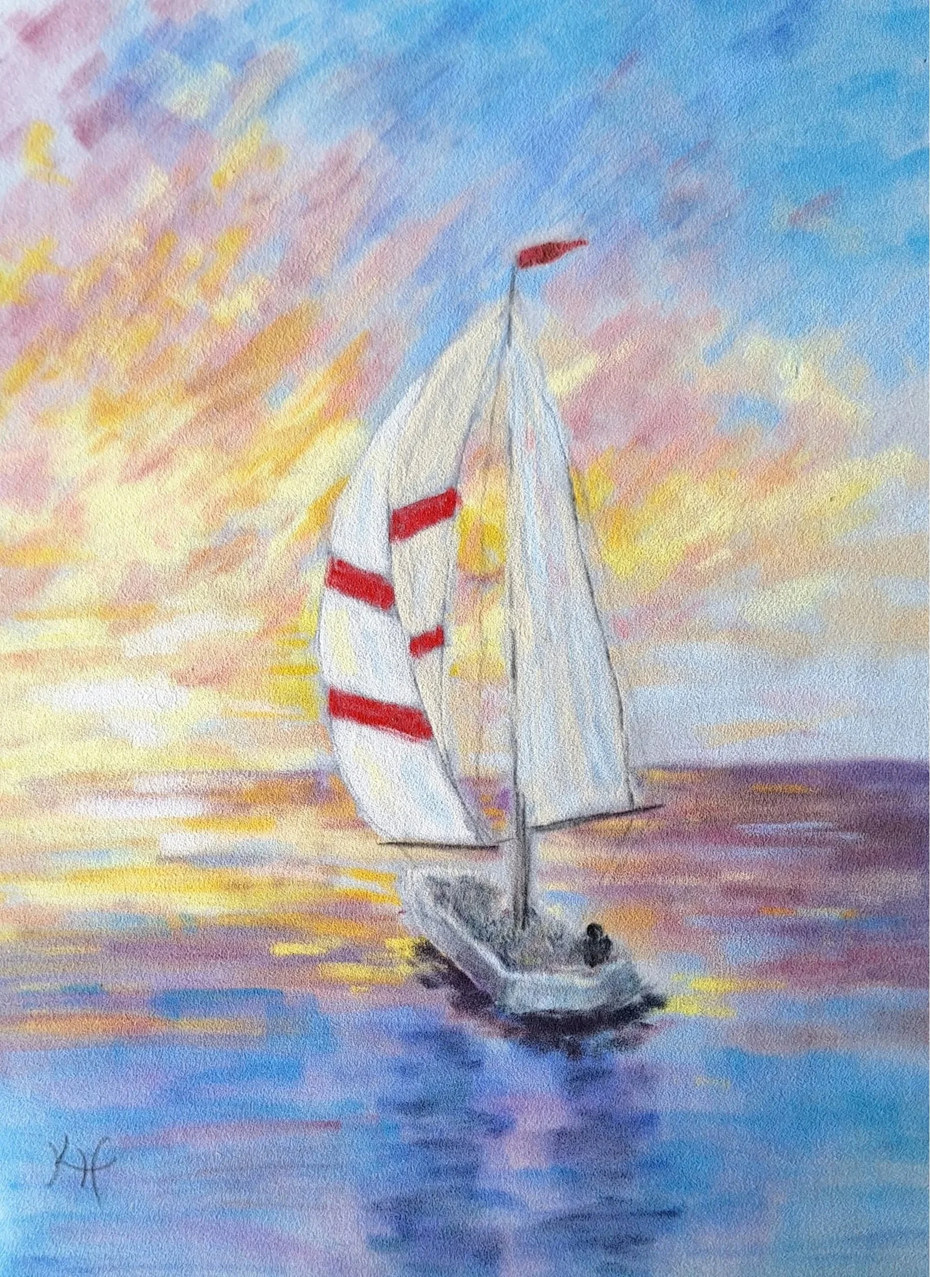 KATHERINE HUTCHINSON ~ Sail Away, 13 x 10.5", gray tone Velour and various pastels - "My inspiration was simply something I saw on the internet. This is the first time using Velour and I can't say
I love it. Since I purchased a pad I will definitely 
