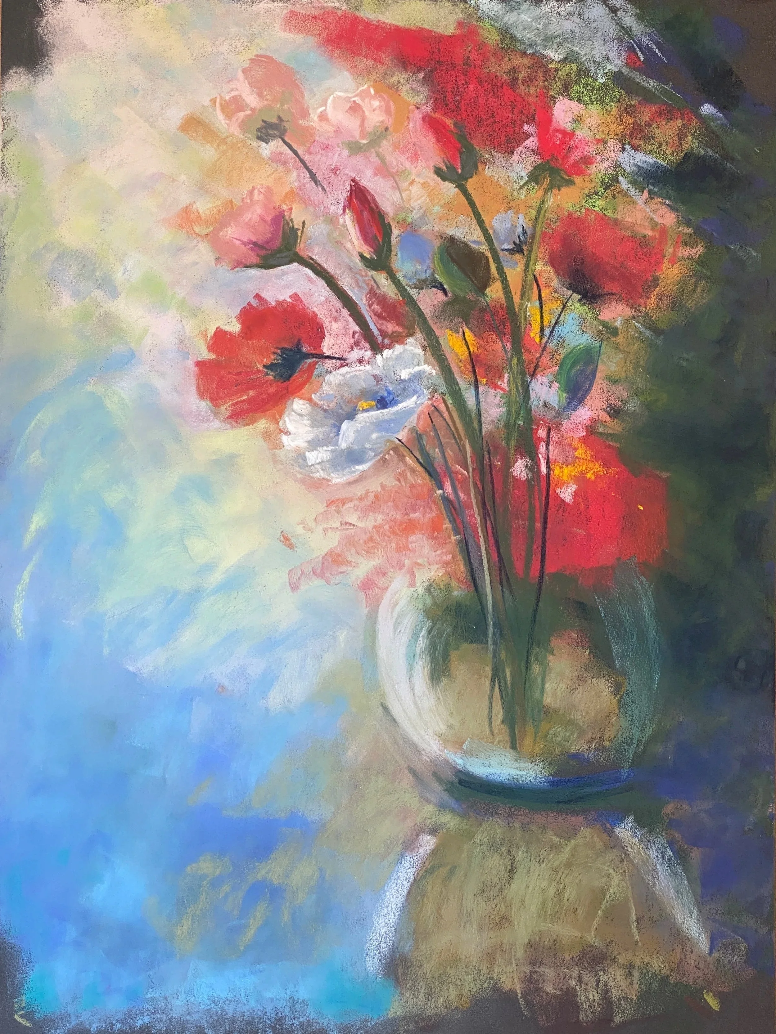 KRYSTINA MADEJ ~ Poppies in Bloom, 15.75 x 12", PastelMat - "Flower painting workshop in which I was introduced to new technique on PastelMat, and new approach to painting flowers, layering from the background forward." - West Vancouver, Canada and A