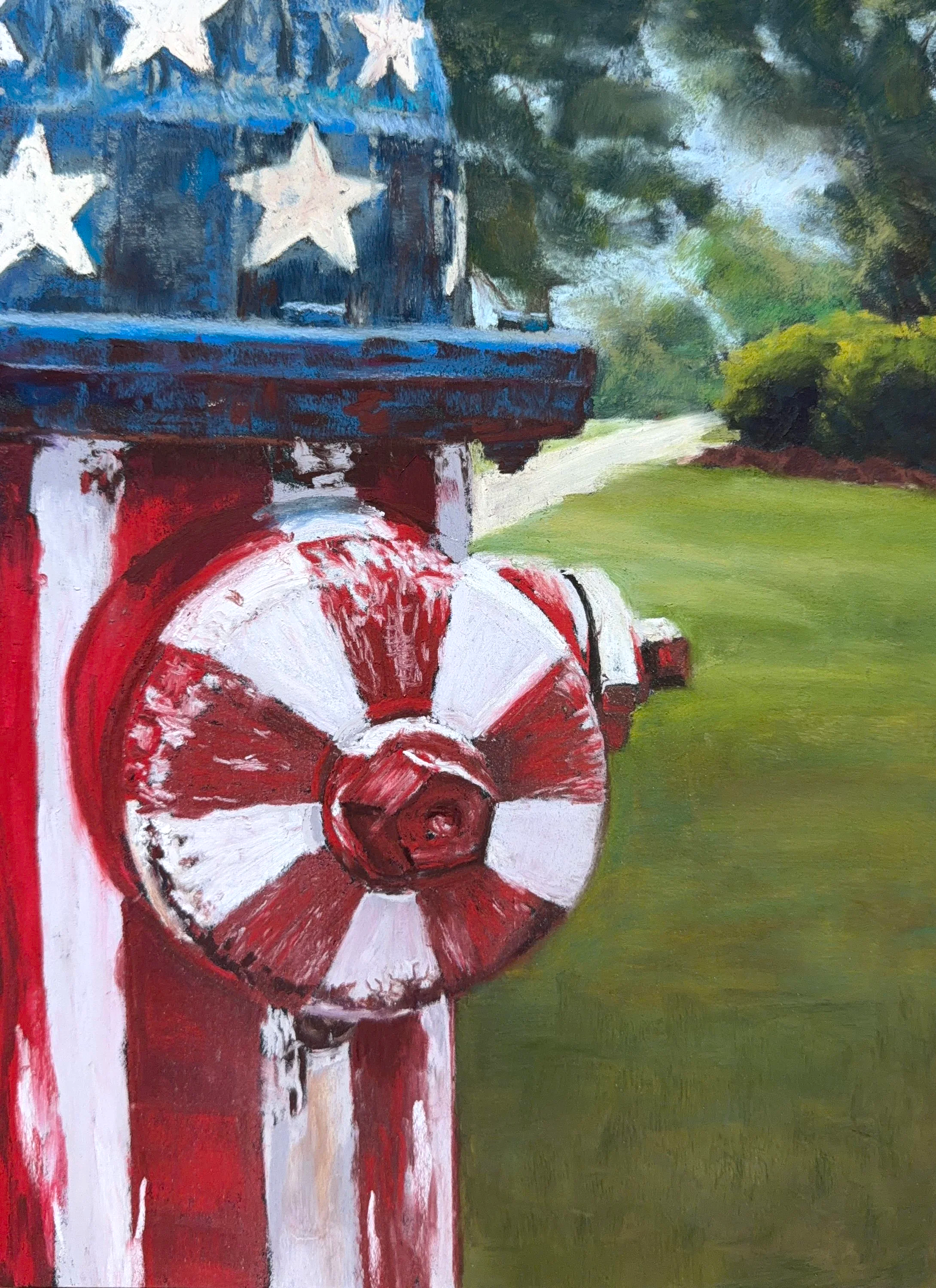 ANDREA STUTESMAN ~ Standing Proud, 12 x 9", UArt Dark 320 grit, variety of soft pastels - "I wanted to do something different for red, white and blue, other than the standard flag or a bowl of strawberries and blueberries. I saw this little guy and h