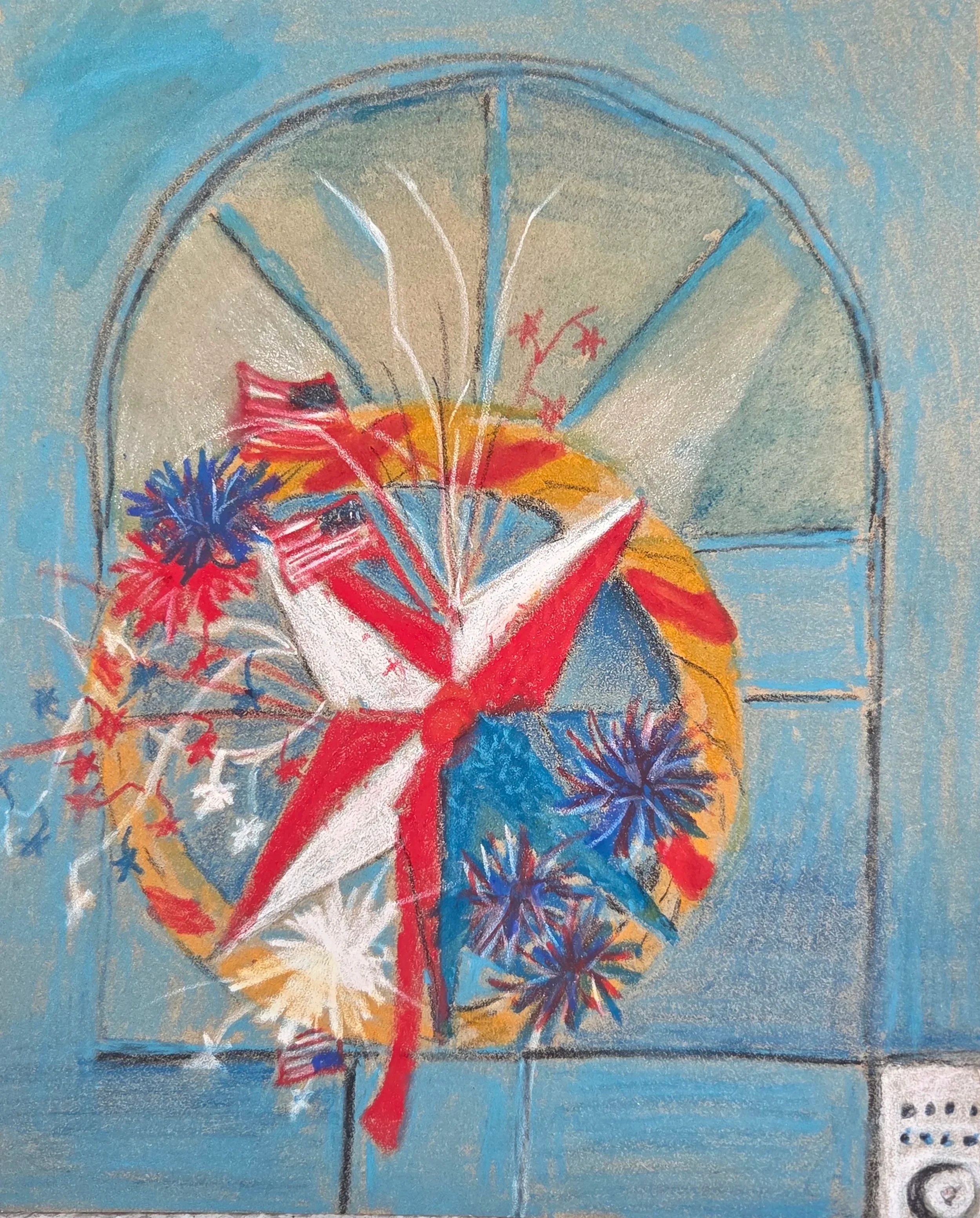 PAT FENDA ~ Welcome 250!, 11 x 9", wax pastel - "Trying Carand'Ache water soluable pastel sticks on LaCarte Pastel paper. Found it difficult... but experimenting." - Tampa, FL