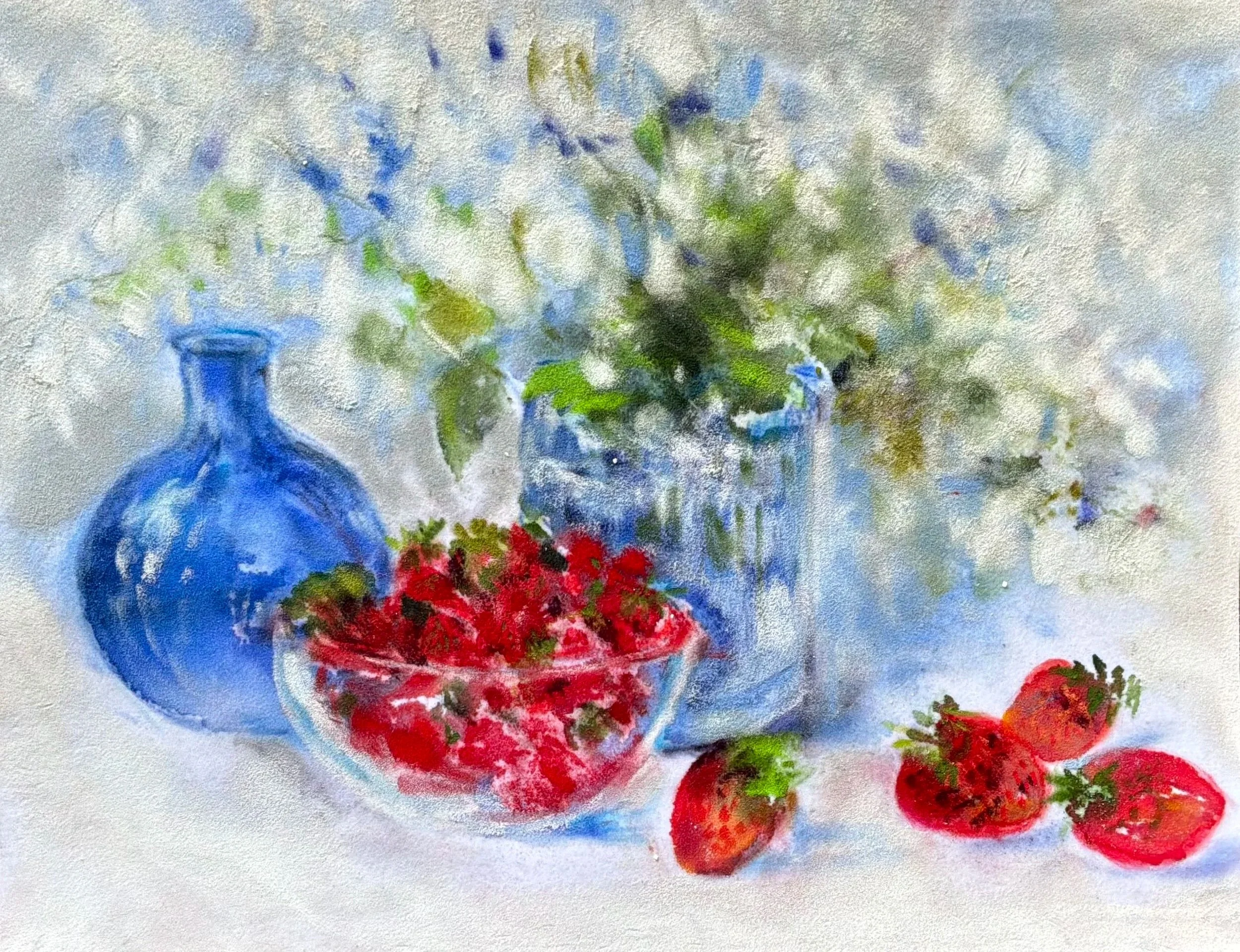 CAROL ROLLICK ~ Strawberry Time, 9 x 11", unknown paper - "I thought I was using PastelMat when I started the piece and it was some strange Velour and not a good one at that. It made it very difficult, but I love the subject." - Point of Vedra Beach,