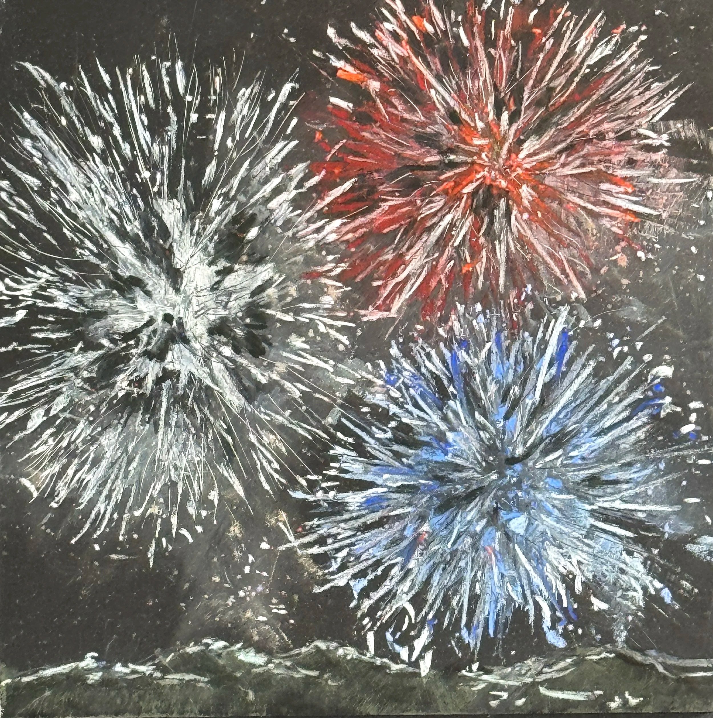 WILL EVANS ~ Blur Ridge Celebration, 5 x 5", dark board - "The black scratchboard I had proved to be too smooth, but here it is. Happy 4th!" - Fairview, N.C.