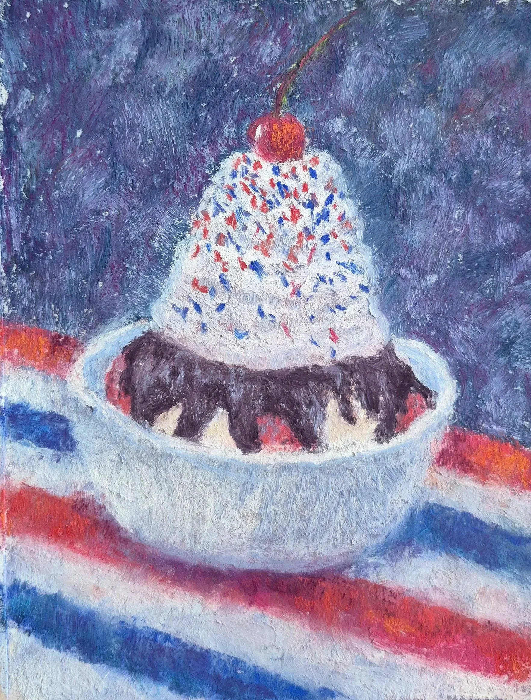 MARYANN GRIB ~ Festive Dessert, 7 x 5", pastels on multi media paper primed with clear gesso - "My favorite part of any celebration is dessert, especially ice cream in the summer. So I went with that as my subject matter and I gave it the patriotic t
