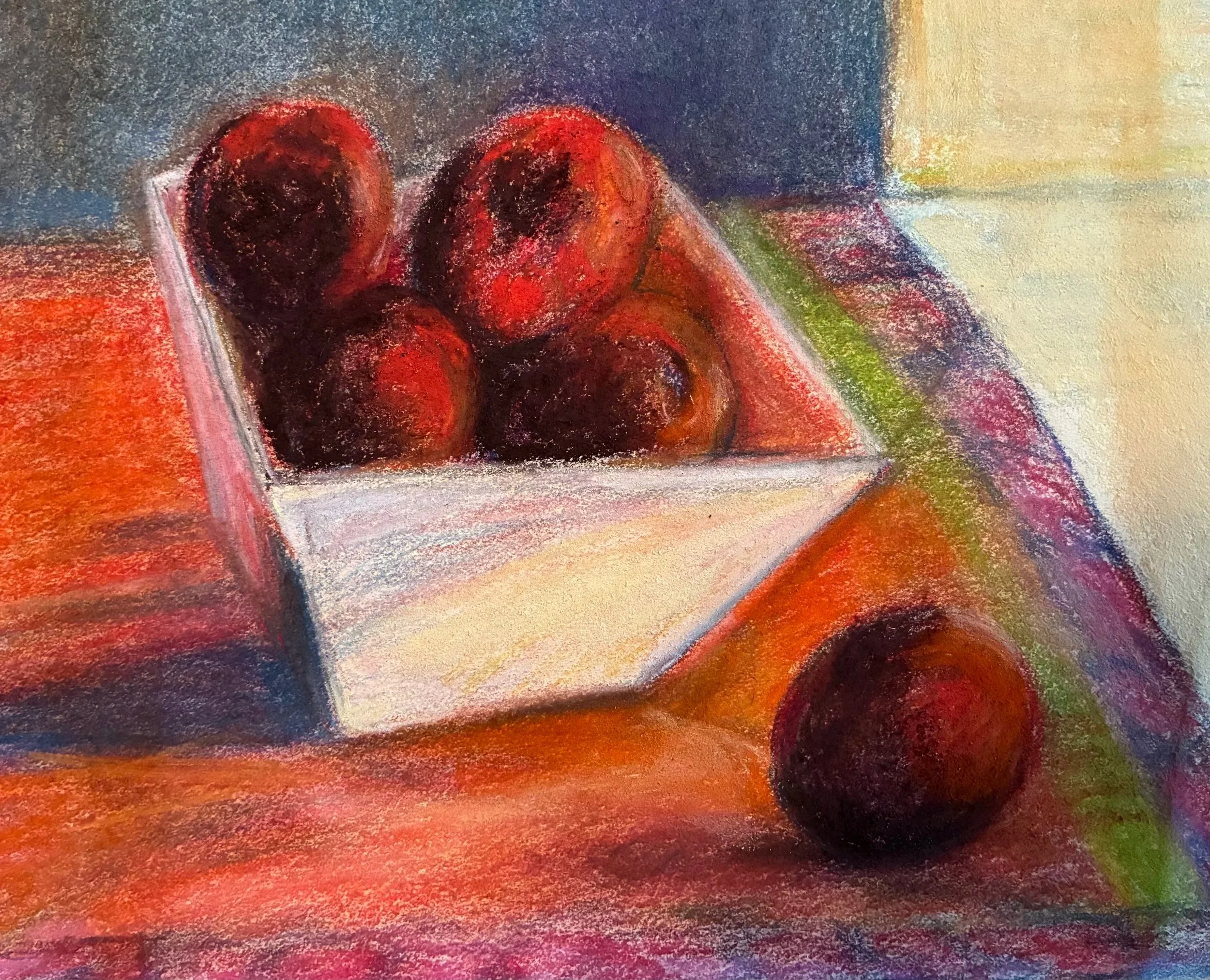MARGARET-LYN-SOROKEN ~ 7.5 x 8" - "Red plums sketch…continued adding to larger thumbnail… working out angles of light on white dish and red on red… a challenge…" - Black Mountain, NC