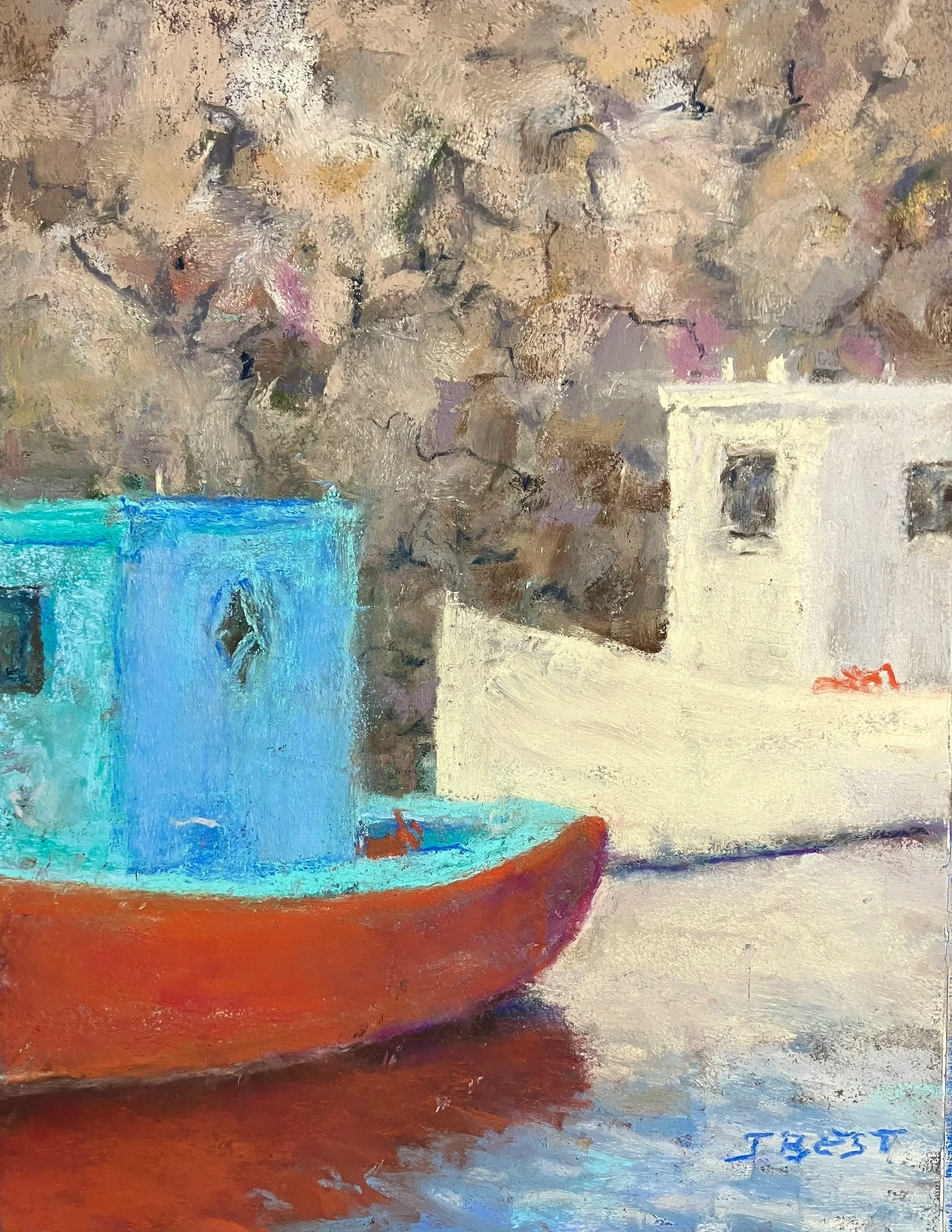 JANE BEST ~ Waiting, 12 x 9”, Art Spectrum paper, Terry Ludwig and AS pastels - "I found and old photo I took in Peggy’s Cove and liked the red, , and blue boats together with the gray/neutral rocks behind them so chose for this enjoyable adventure. 