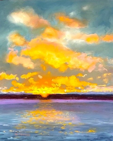 DIANE DE GRASSE ~ Sunset Over Harpswell Neck, 15 x 12", Soft Pastel - "The idea of "shimmer" came to me this spring as I explored a photo from my last summer in Maine. Here the setting sun seemed to burn into the stretch of land as it colored up clou