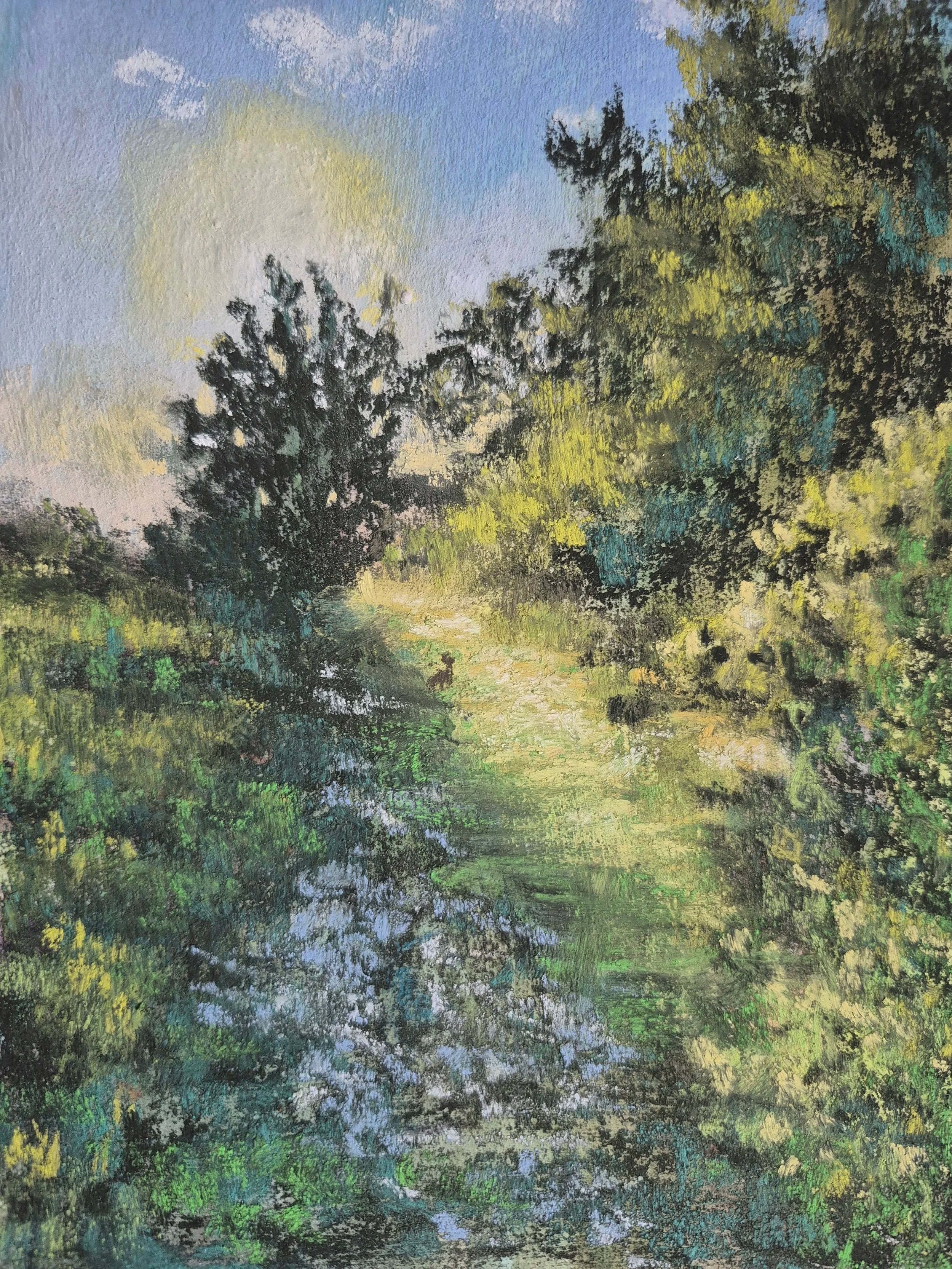 MARYANN GRIB ~ Glowing, 8 x 6", multi media paper with clear gesso, various soft pastels - "This scene is an open field close to my home where the sun sets and creates a beautiful glowing landscape every day. I have not been able to get out there to 
