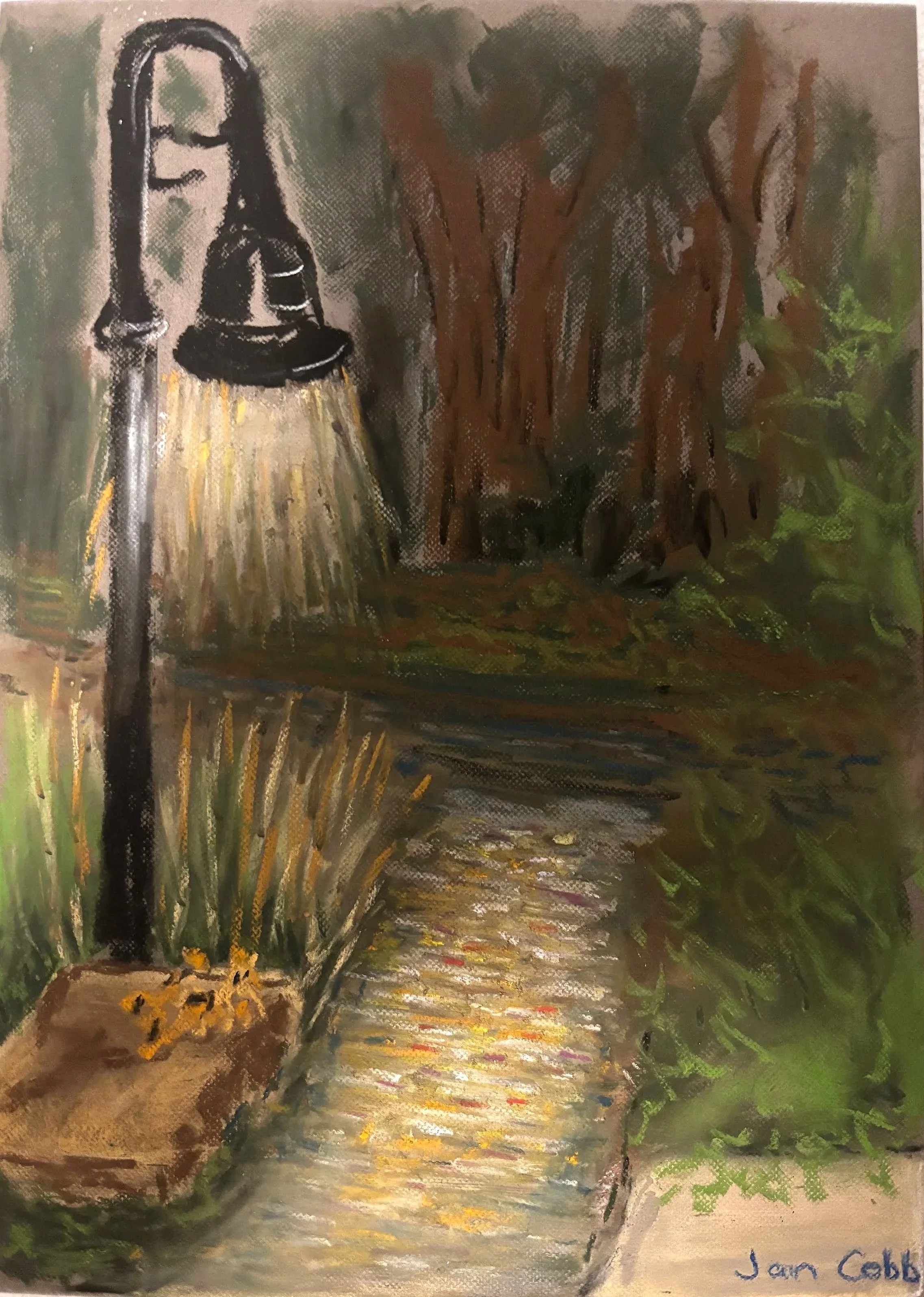JAN COBB ~ Shimmering Lights of a Storm, 10.7 x 7.5", soft Sennelier pastels on Maimoufin sanded paper - "Scary storm but bright sparkling pavement!" - Black Mountain, NC