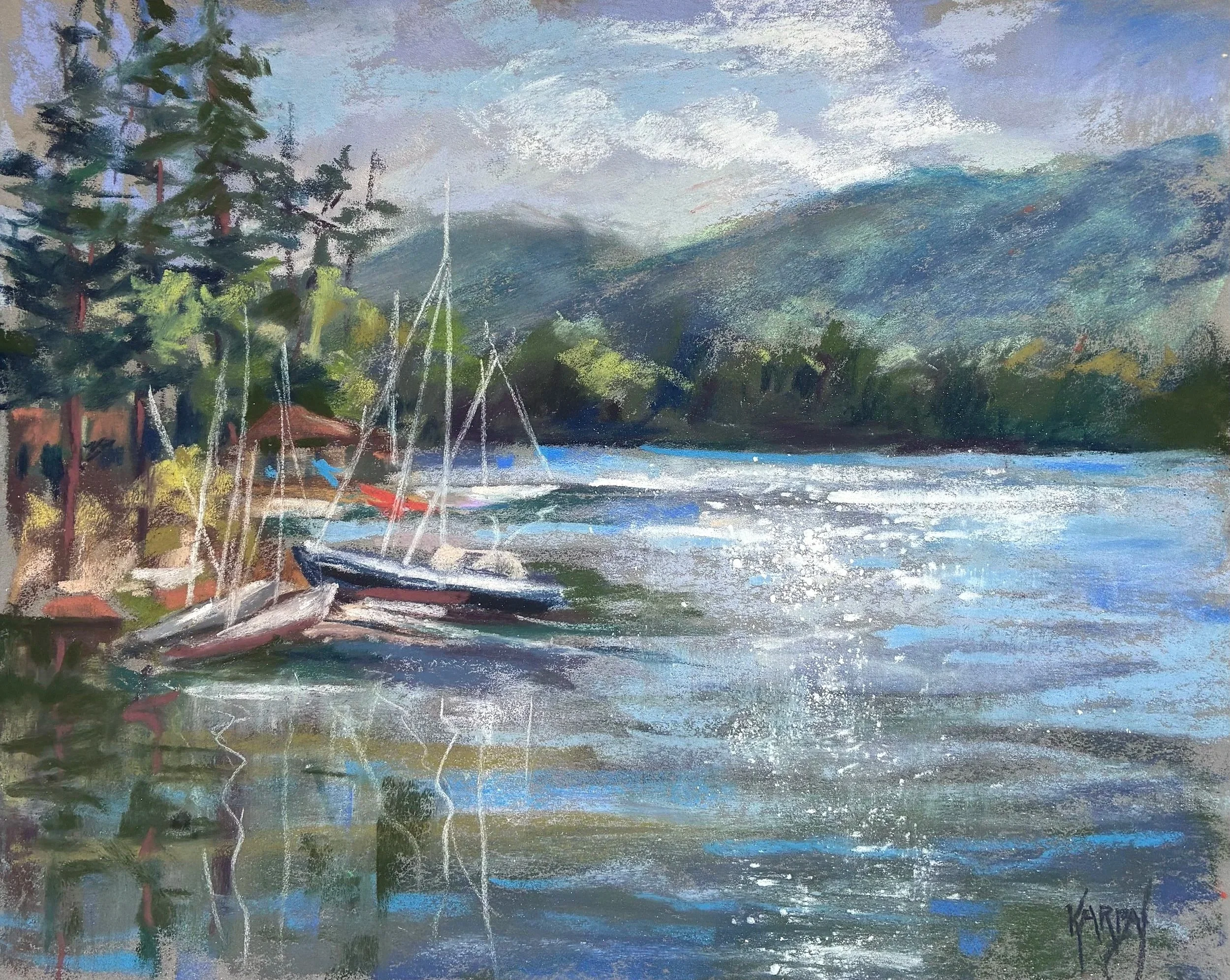 JOANNA KARPAY ~ Summer at Lake Julian - "This Plein air painting was done at Lake Julian Park in Asheville. It was a perfect summer day and the water was sparkling brilliantly. I knew I had to try to capture it!" - Asheville, NC