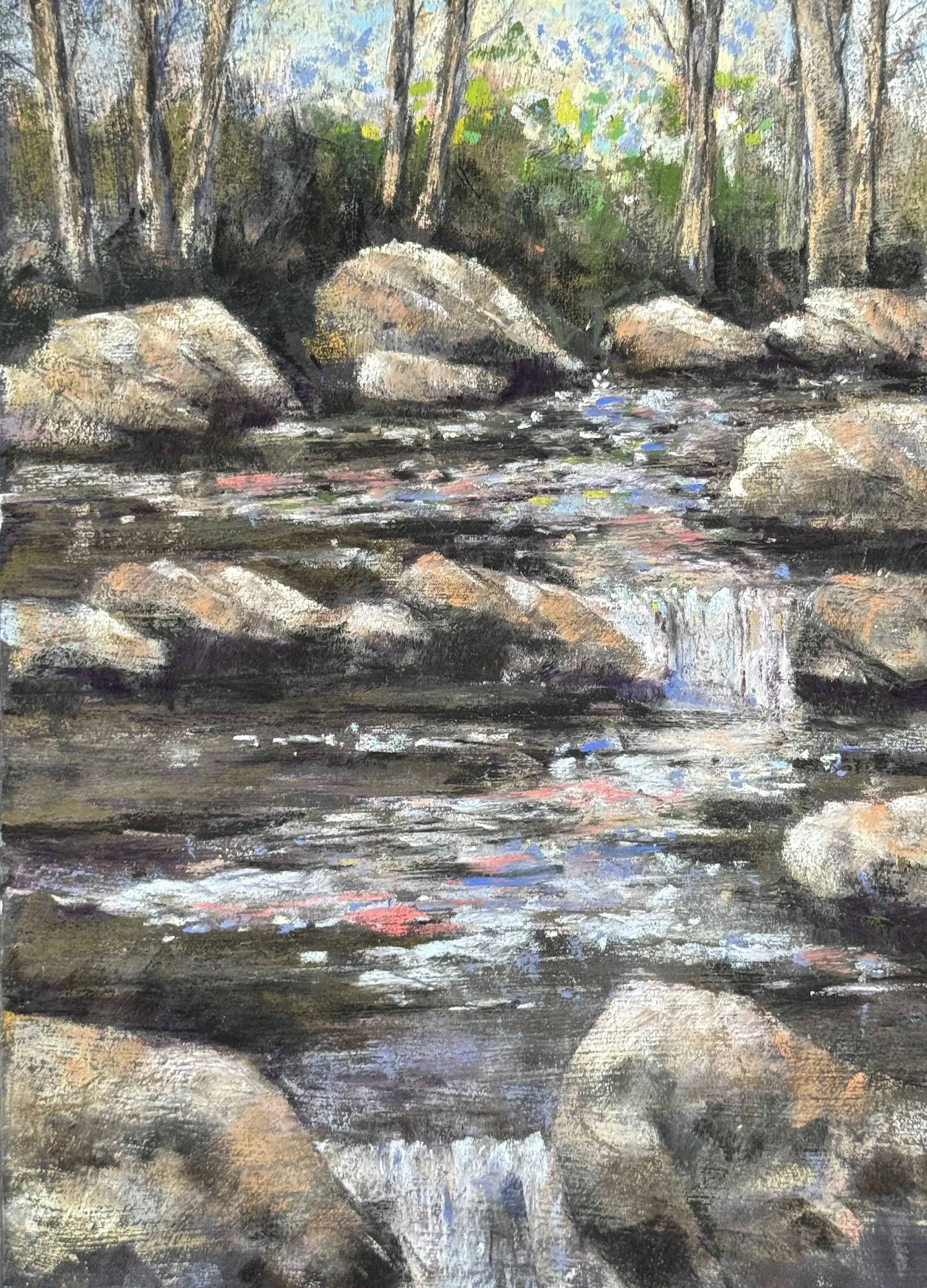 WILL EVANS ~ Forest Brook, 16 x 12", Uart 400, blocked in with Nupastels, washed with alcohol, mostly Terry Ludwig - "This earlier attempt was headed for the bin, I thought it was bland, but perhaps it just needed some Sparkle. Thank you Adventures."