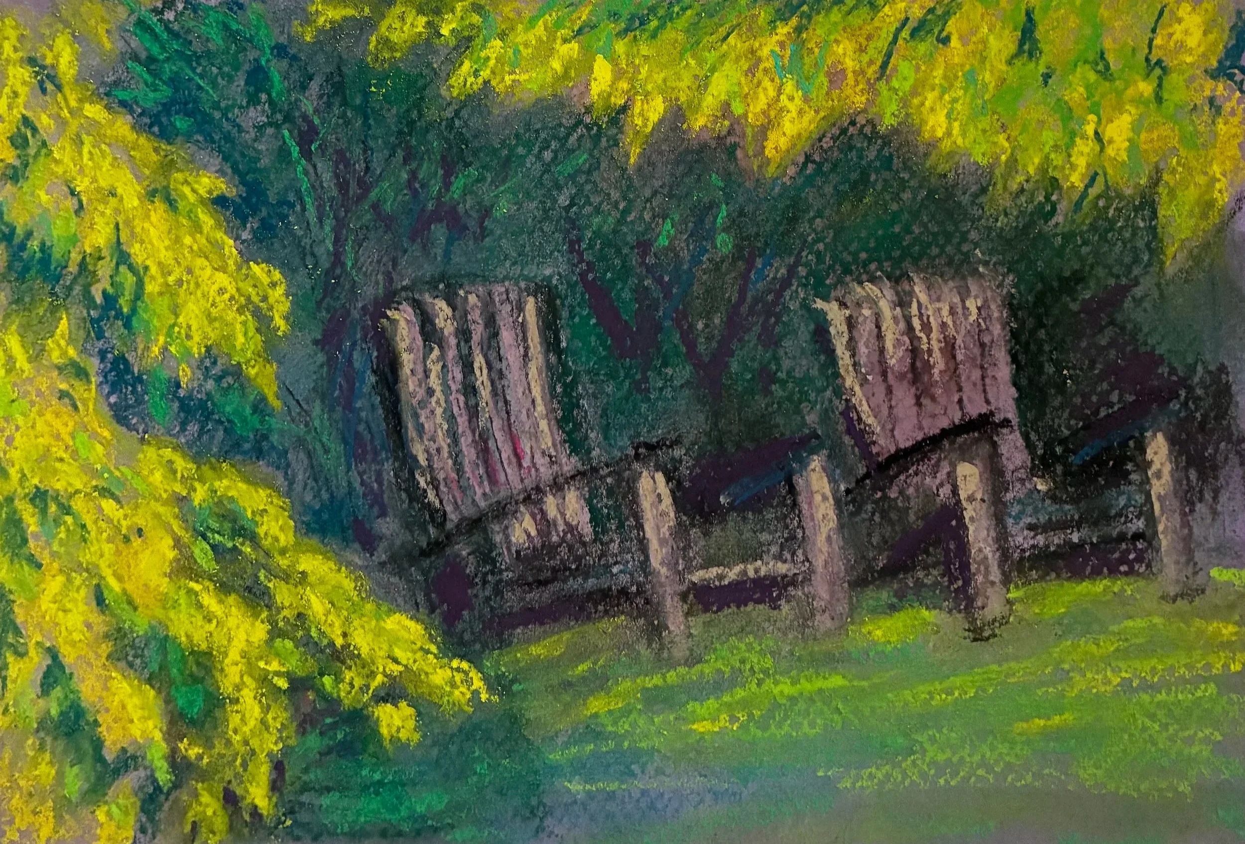 MARGARET LYN-SROKEN ~ 5.25 x 7.75" - "Sketch from photo taken when leaves were so bright in the sun and looking beyond, underneath the chairs in the cool shade." - Black Mountain. NC