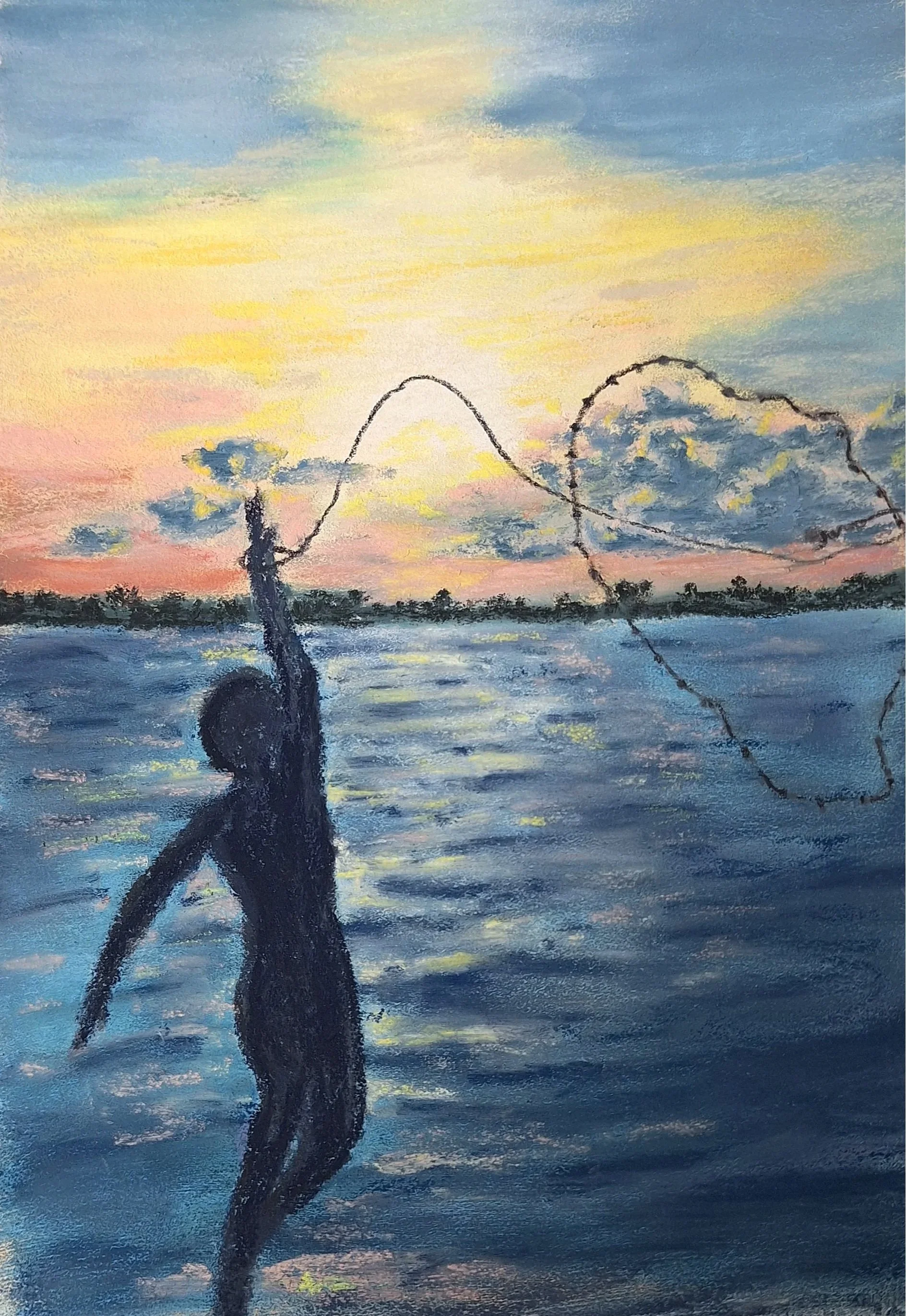 KATHERINE HUTCHINSON ~ The Cast, 11 x 8" sanded paper using various pastels - "This current adventure ( and I always want to call them a challenge because they certainly are challenging) made me think of an old early attempt to record a moment in tim