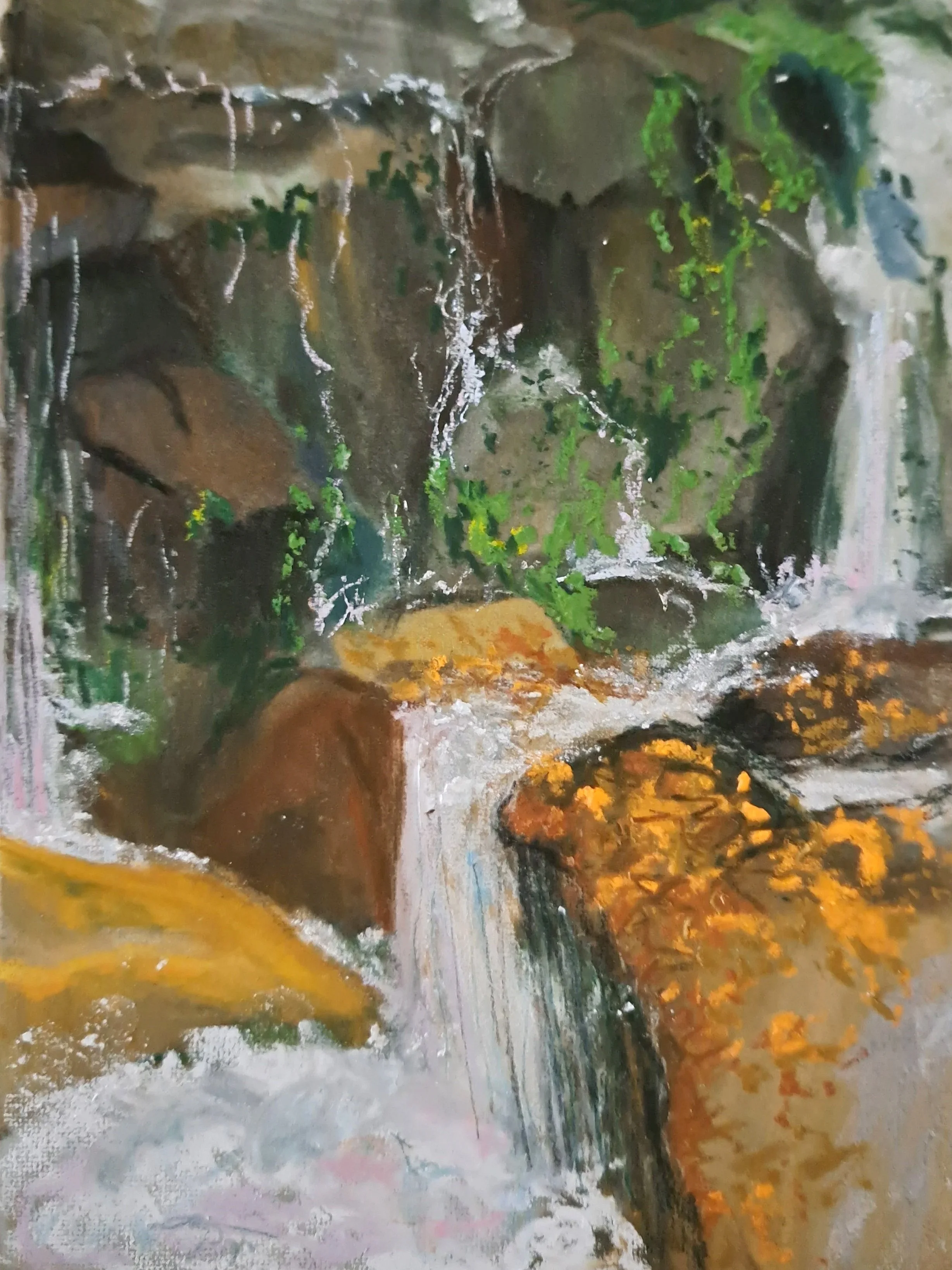 CLAIRE BENTON ~ Shimmering Falling Waters, 7 x 5", Somime sage green pastel mat, mostly Panpastels followed by Mount Vision sticks - "Aurora Borealis was my first thought. But then I realized water falls shimmer like crazy." - Riverview, FL