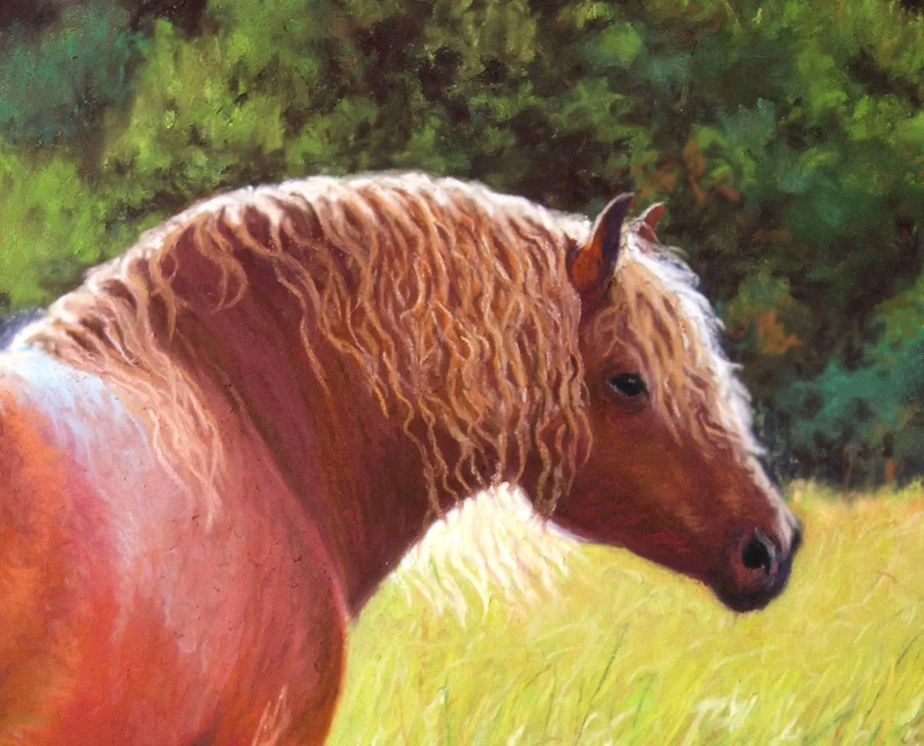 ALEC HALL ~ Mane Highlights, 7.5 x 9", UART 400 grit, Rembrandt, Blue Earth, Carb-Othello pastel pencils - "To create a soft light effect on the mane of this back-lit pony, I purposely used large pastel sticks throughout the painting and only brought