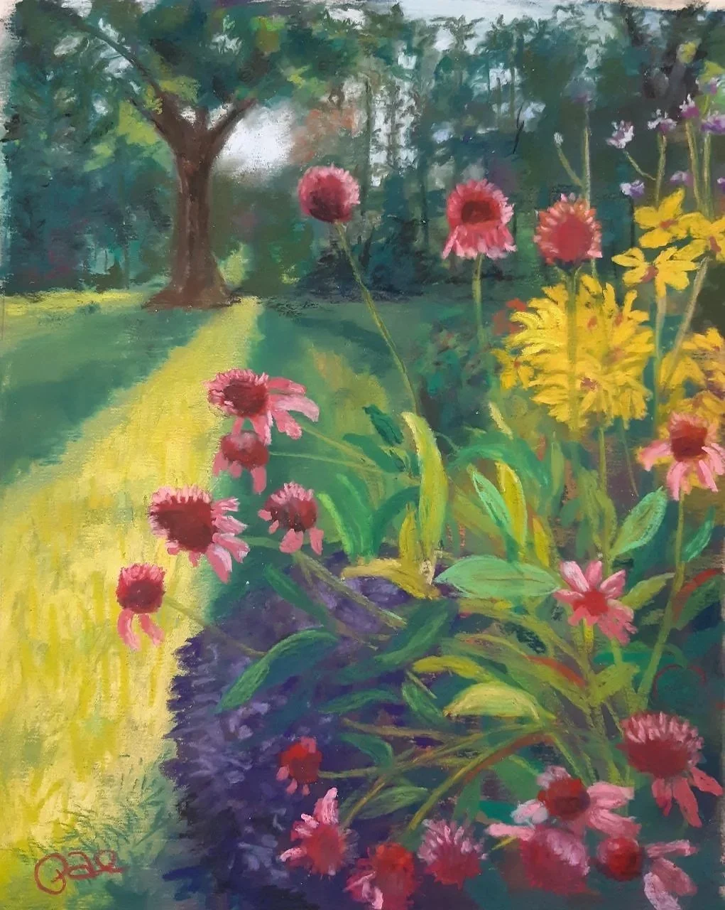 PAT FENDA ~ Shimmer in Vermont, 12 x 9", soft pastel - "This is my friend's front yard and it just was light a runway of sun. She is a fabulous gardener and it was fun to capture this moment." - Tampa, FL