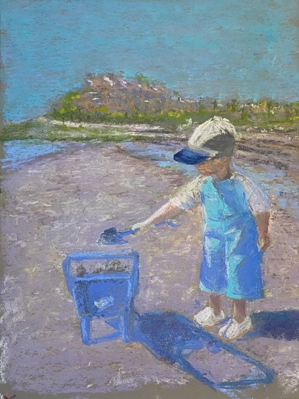 KRYSTINA MADEJ ~ William at the Beach, 12 x 9", Art Spectrum - "Continue to work on this pastel which I started in Aline Ordman's Figure in the Landscape workshop at IAPS. Using a combination of hard and soft pastels to get an impressionist feel with