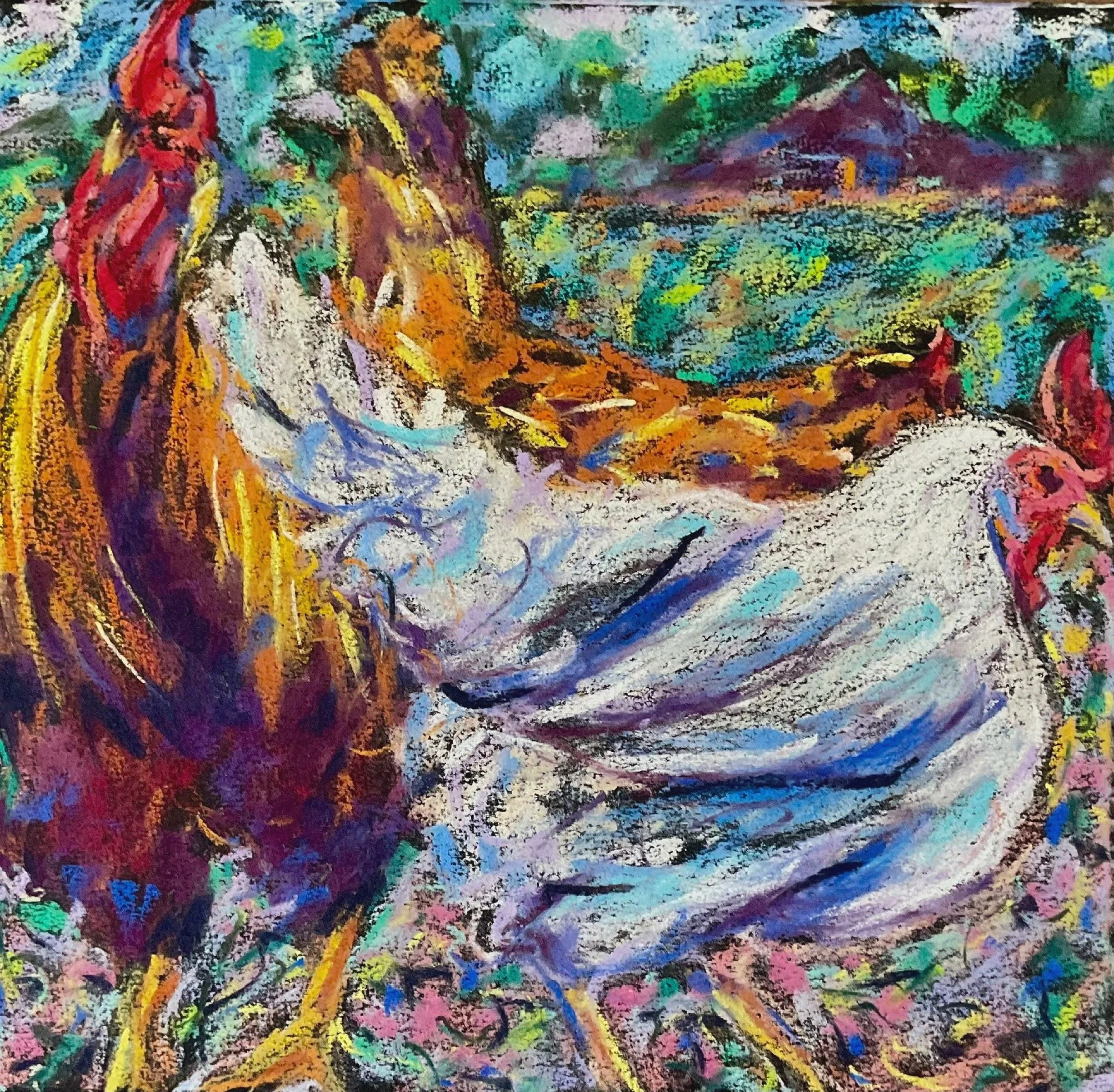  LYNN NEWMAN ~ Cage Free Chickens, 12 x 12”, pastel on Arches Black - "I loved this challenge! It was a fun opportunity to combine the gestural qualities of drawing with the immediacy and vibrancy of soft pastels." - Clayton, NC