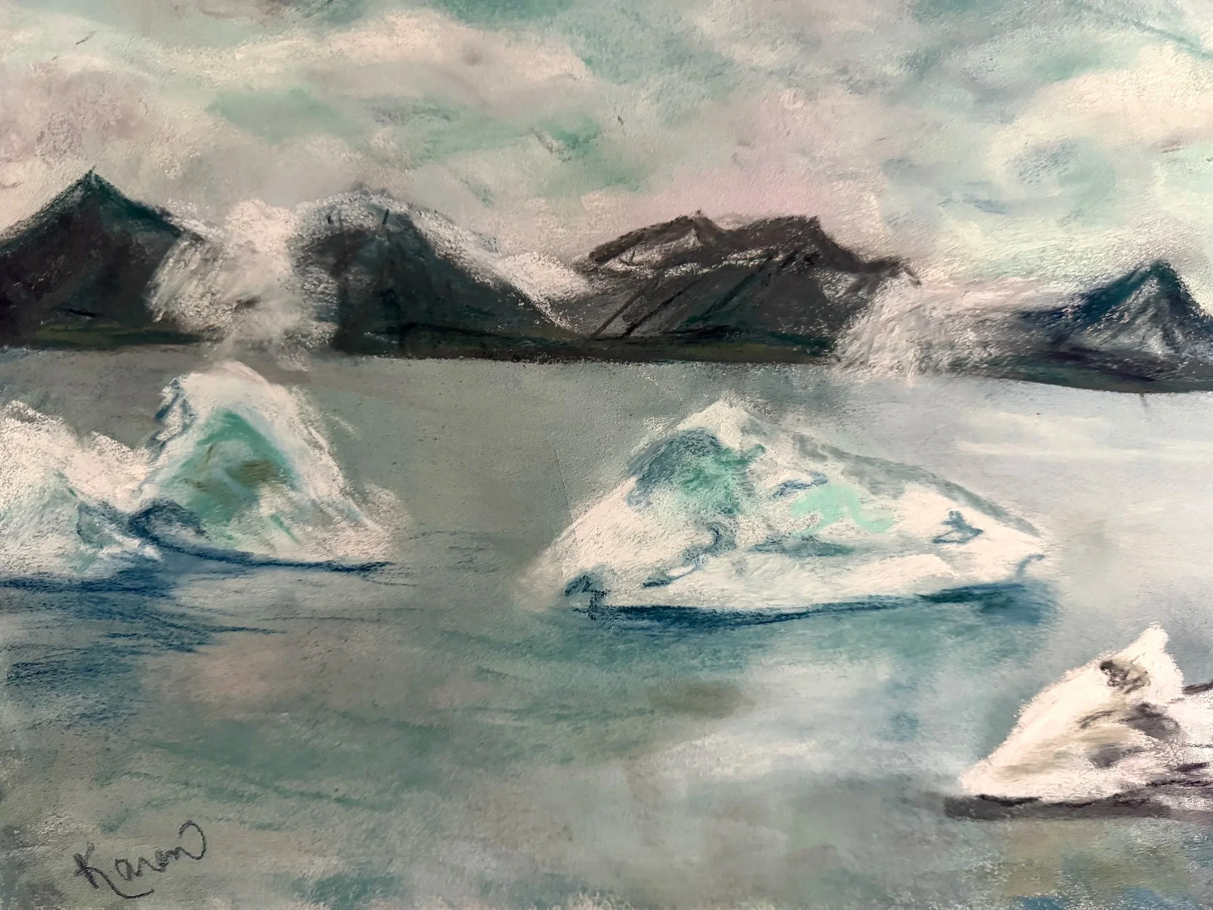 KAREN KNAUB ~ 9 x 11", Pastelmat with various soft pastels - "We just came back from Iceland so I thought I would paint 3 icebergs seen in Glacier Lagoon." - Lake Lure, NC
