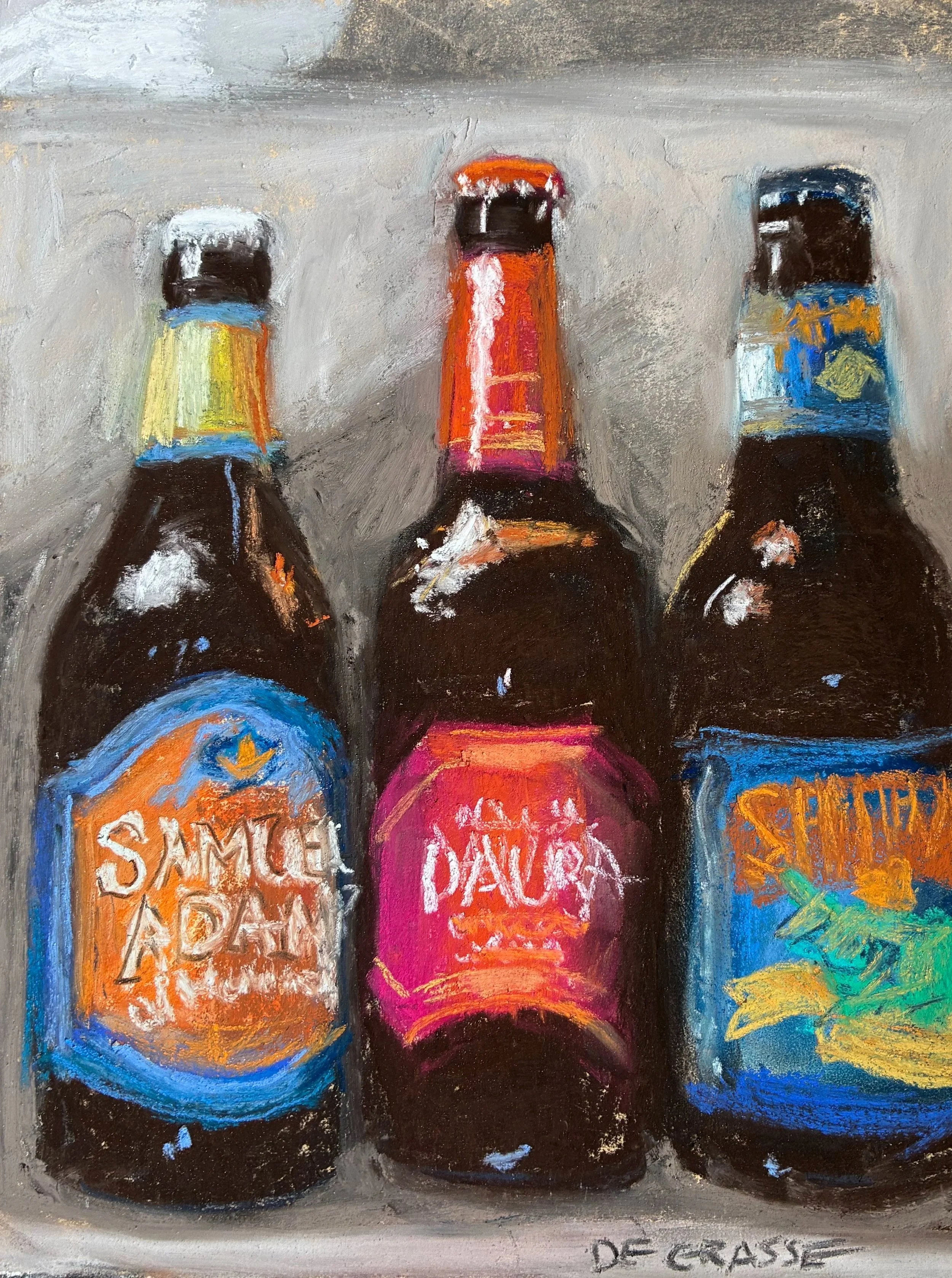 DIANE DE GRASSE ~ Three Of A Kind. 12 x 9", ColorFix Cream paper, soft pastels - "Getting back to pastels after months, from recent surgery, I turned to an old favorite subject which gained me many sales when I lived in Maine. Rows of beer in the fri
