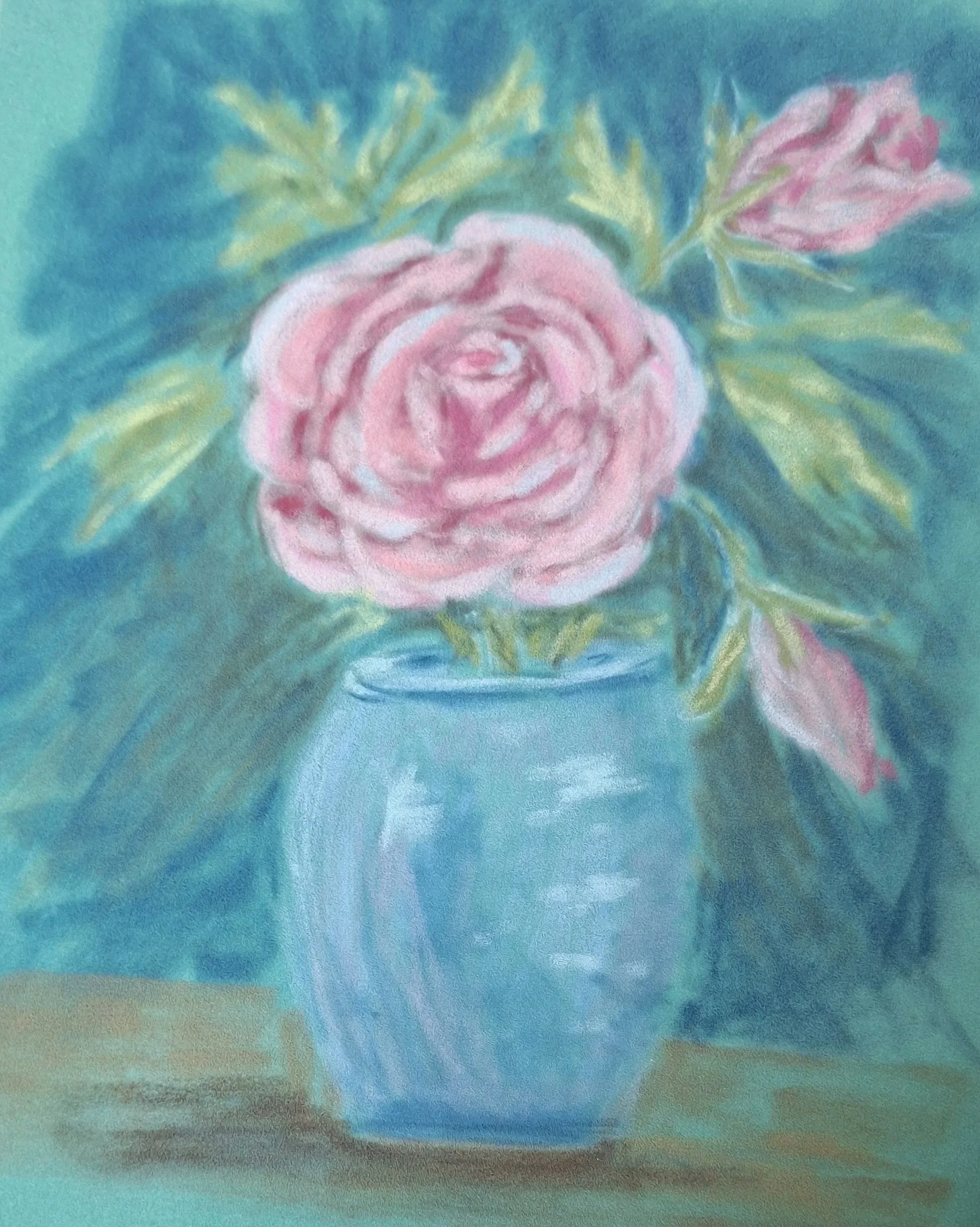 KATHERINE HUTCHINSON ~ Rose, 10 x 8", Hahnemûhle Velour green, various pastels - "I am trying to like this velour medium but I'm definitely not there yet. It seems impossible to have any crisp lines. I'm glad this was just an experiment as I am disap