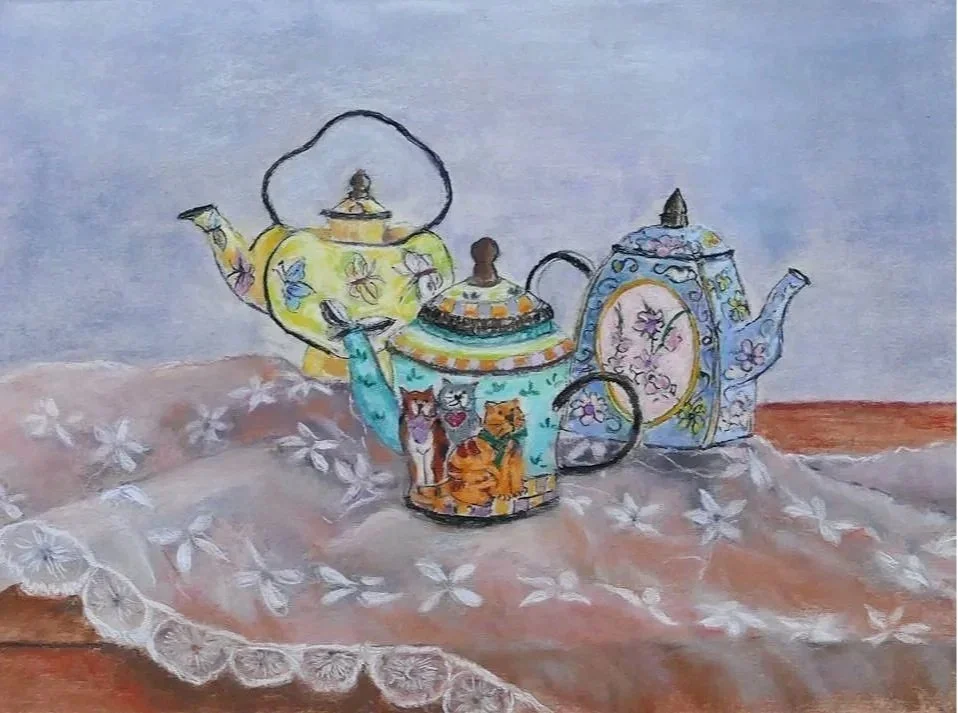MERYL MEYER ~ Three Ornamental Teapots, 9 x 12", UArt 400 paper, pastel pencils and assorted soft and hard pastels, Prismacolor 05 fine tip pen - "Took on more than I initially wanted with this still life. All that detail... I stayed with it and over