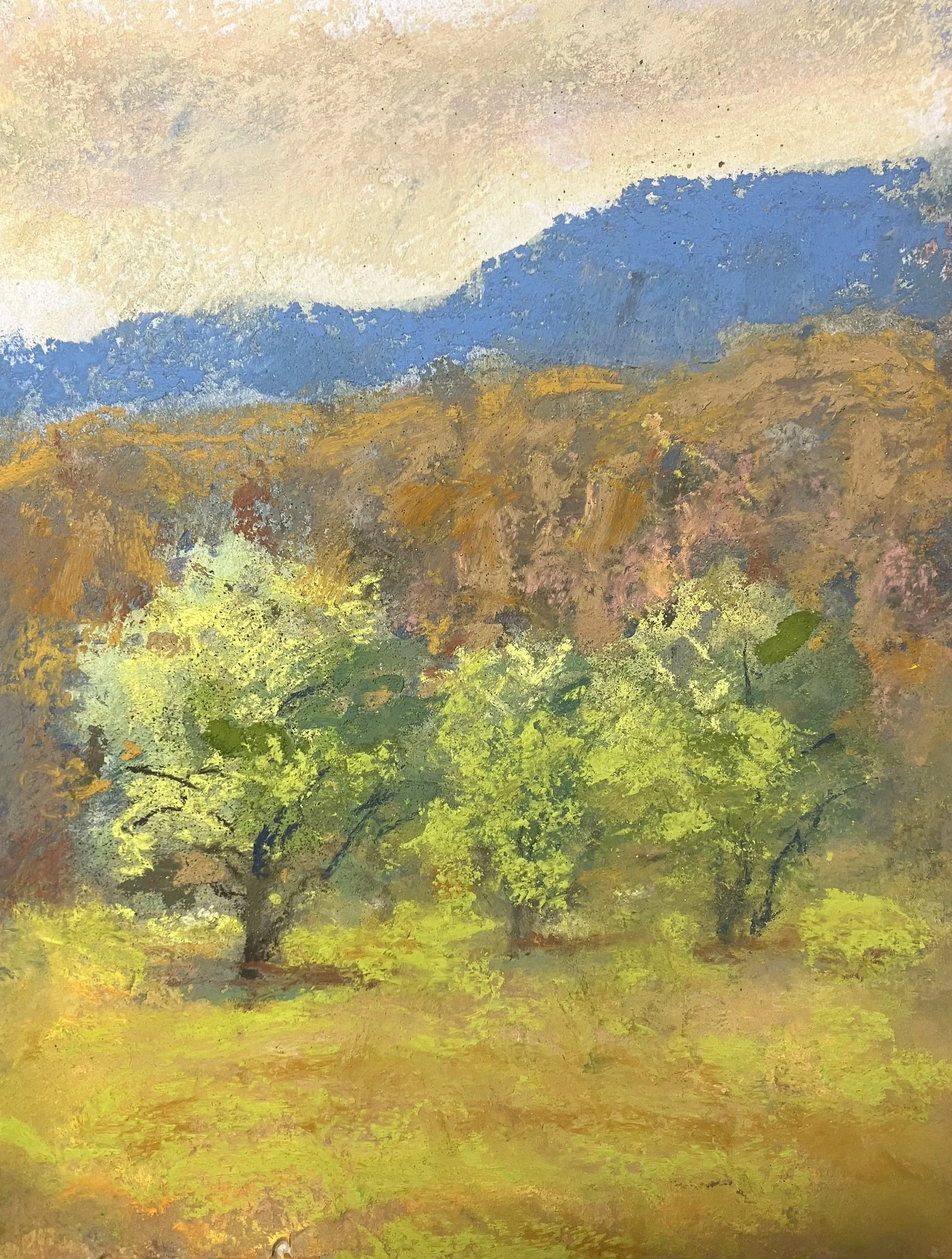 JANE BEST ~ Three Maples, 8 x 6”, soft pastel - "Had fun painting these trees. Experimented by underpainting with watercolors on watercolor paper which I then coated with clear gesso before completing with soft pastels. Thanks for this enjoyable adve