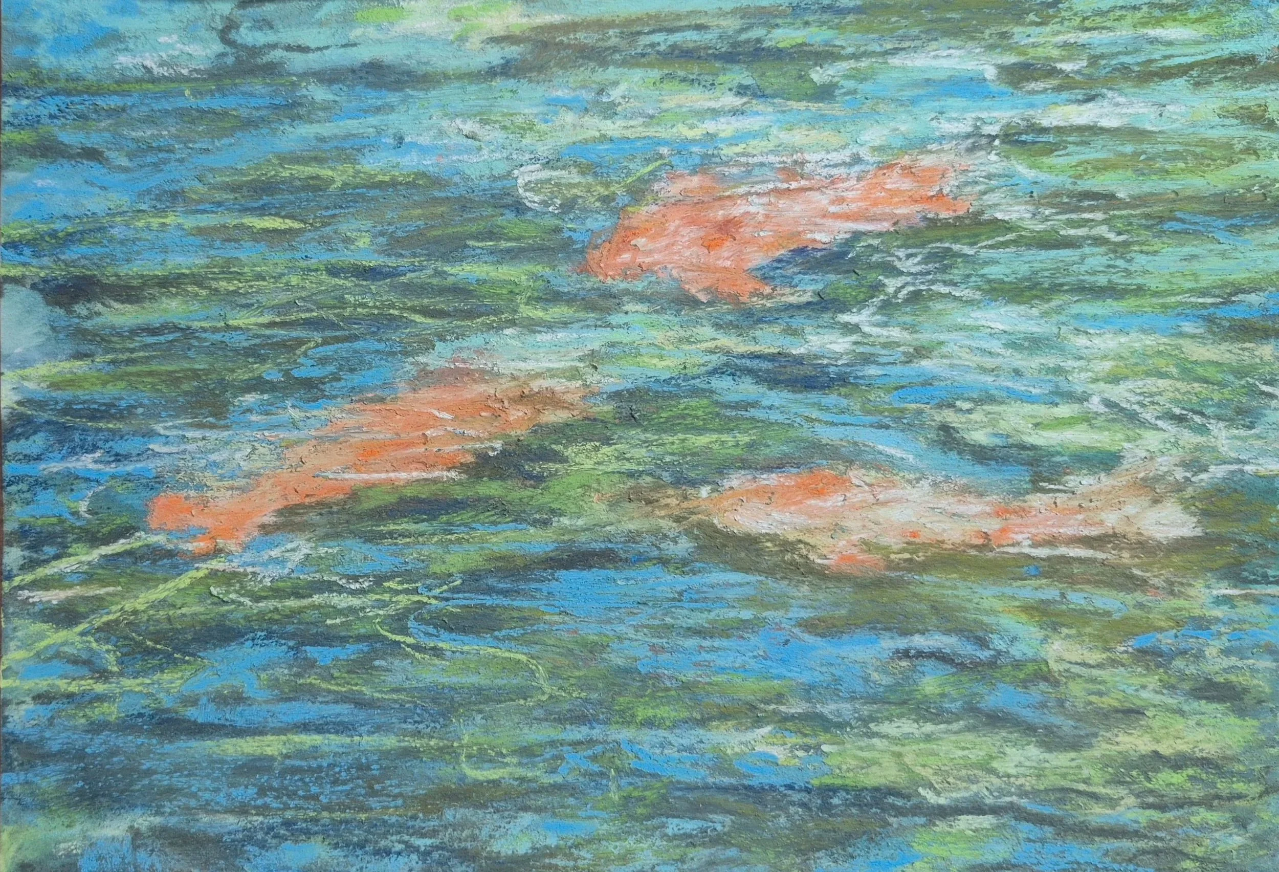 MARYANN GRIB ~ Exploring Koi, 6 x 8", soft pastels on gesso primed multi media paper - "I've been experimenting with this theme of Koi fish, so thought I would make it three in a triangular pattern using this color combination that I kind of love. I 