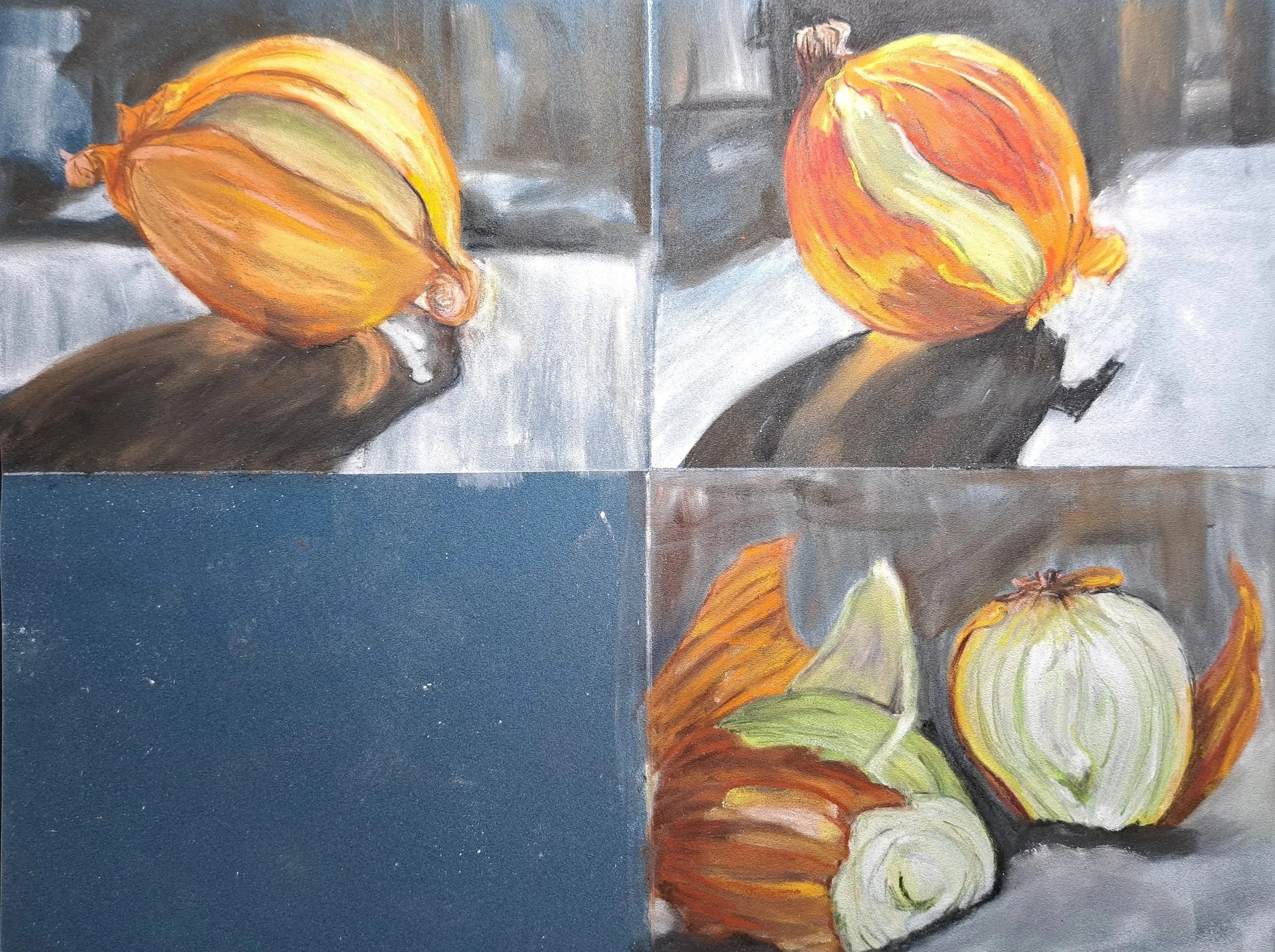 CLAIRE BENTON ~ Onions In Three Steps, 9.4 x 12.6", Canson Mi-Tientes Velvet Blue - "Used pan pastels, pencils, and a couple of softer pastels. What to do with the rectangle that is left... empty?" - Riverview, FL