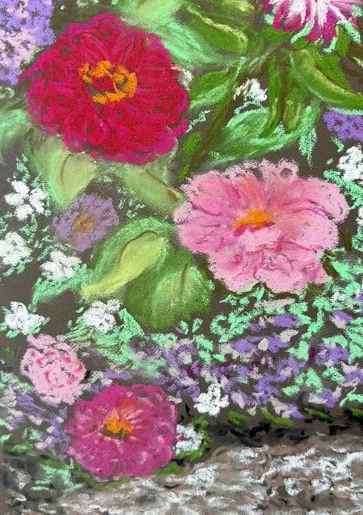 JAN COBB ~ Colorful Zinnias, 11 x 7", Maimoufin pastel paper - Black Mountain, NC