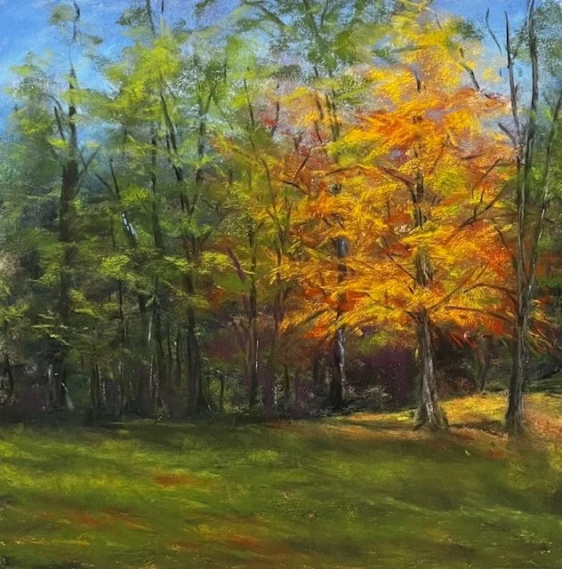 VERONA "MONA" HEARNE ~ Mary's Trees, Matthews NC, 12 x 12 - "Thank you for another wonderful Adventure. My painting is from a photo I took at my friend Mary’s place earlier this month. Mounted 400 Uart. Local color underpainting. NuPastels and Ludwig