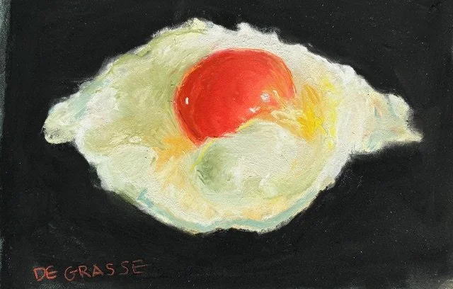 DIANE DE GRASSE ~ My Fried Egg, 6 x 8 - "My favorite, a fried egg, though in Spring my thoughts go back to the polliwogs I found as a kid. This is a study from an internet image.
I alcohol-washed a black background on green Pastelmat, established the