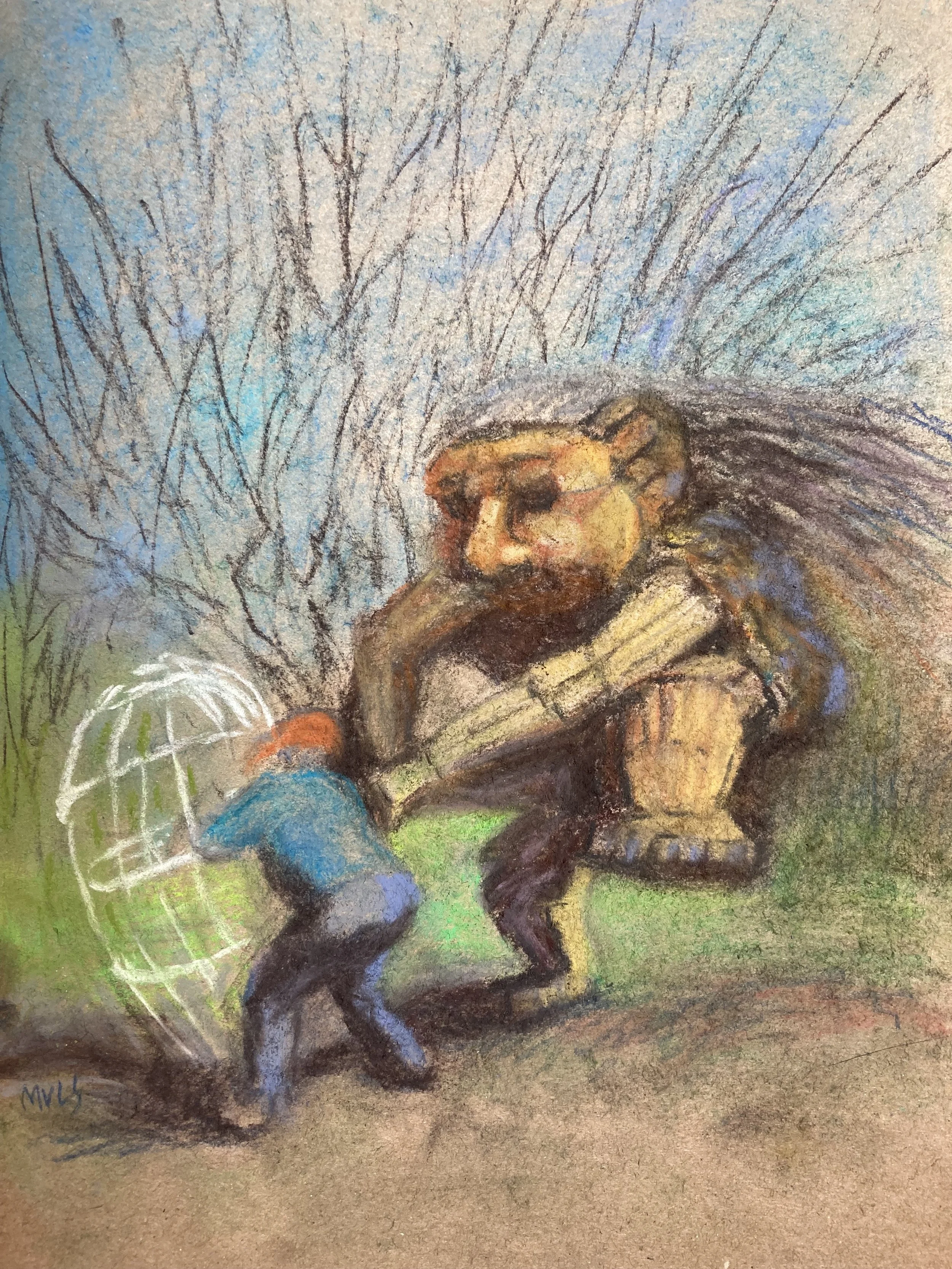 MARGARET LYN-SOROKEN ~ 
Troll-Trees, 10 x 8, pastels on brown paper -
"I took out of town guests to see trolls at Arboretum and I was sketching trolls, it dawned on me they are from trees and seeing them on backgrounds of trees I thought that’s it… H