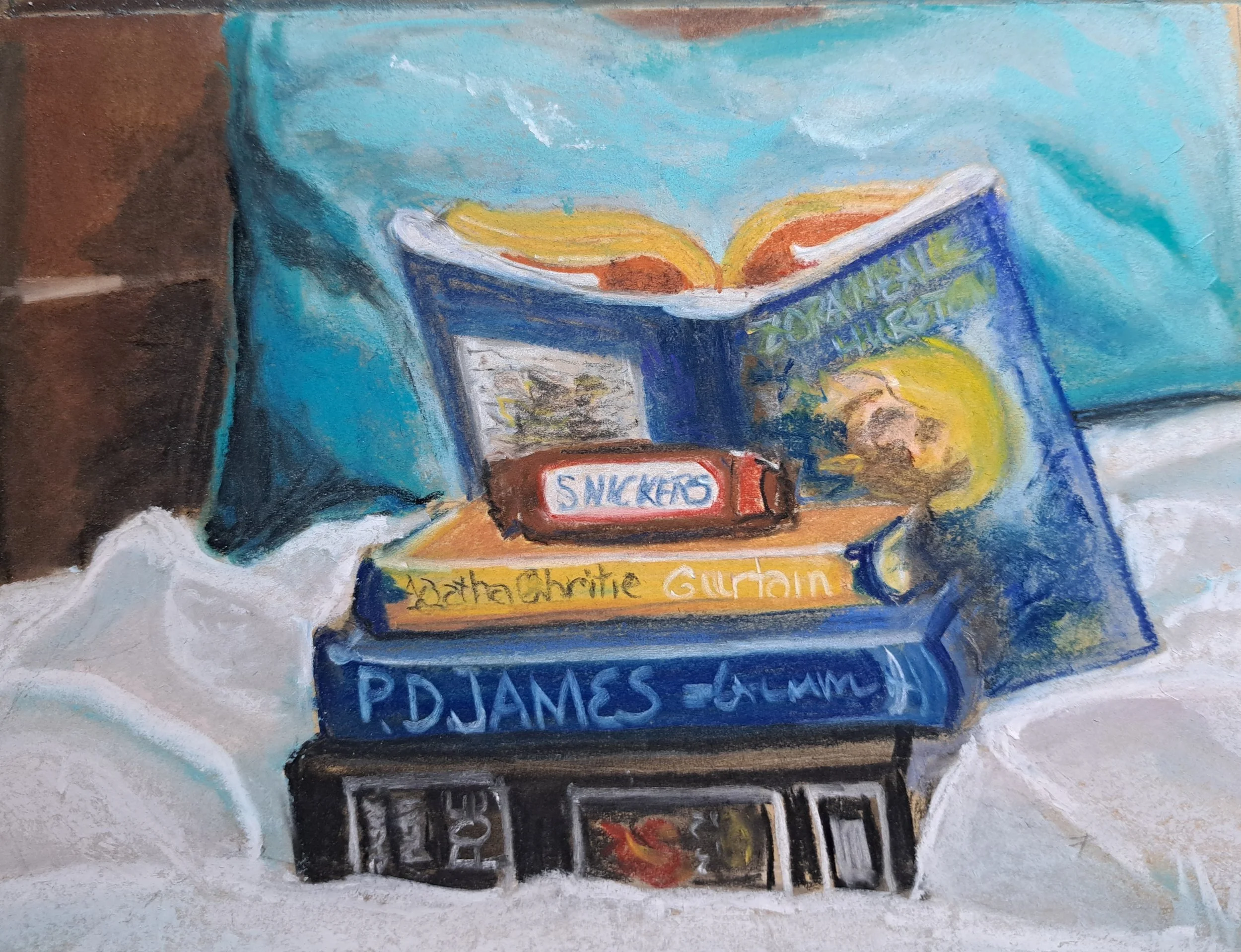 CLAIRE BENTON ~ Favorites, 5 x 7, Kraft paper, pan pastels, pastel pencils and NuPastels - "Books, chocolate, sleeping, and pastels. Not always in that order ;)" - Riverview, FL
