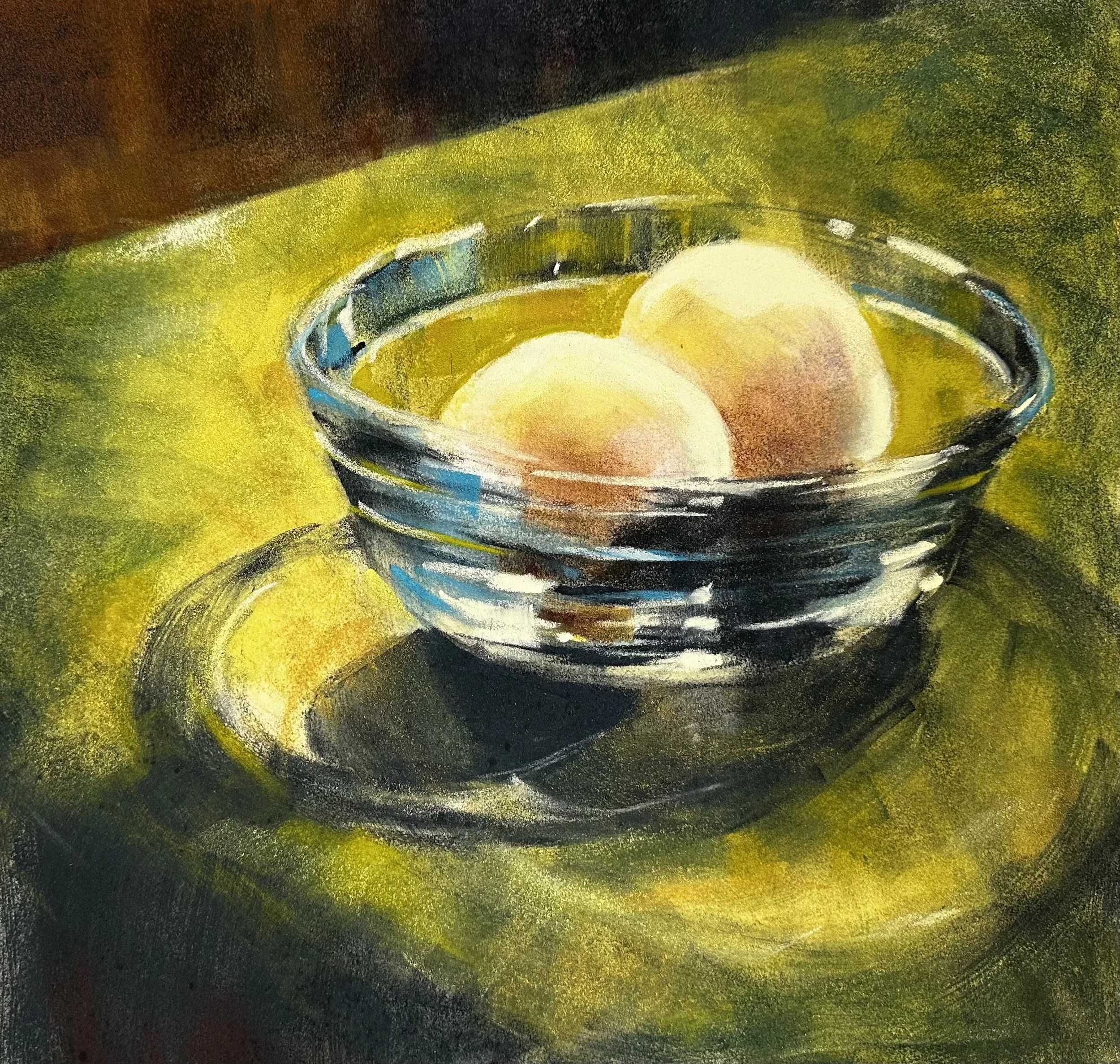 PAT QUIGLEY ~ Eggs Not In A Basket, Roughly 12 x 12, soft pastel over wet pastel underpainting (just water) on Canson velvet surface - "I had doubts about setting up a still life in my kitchen with our overhead too-bright lights. But the unexpected r