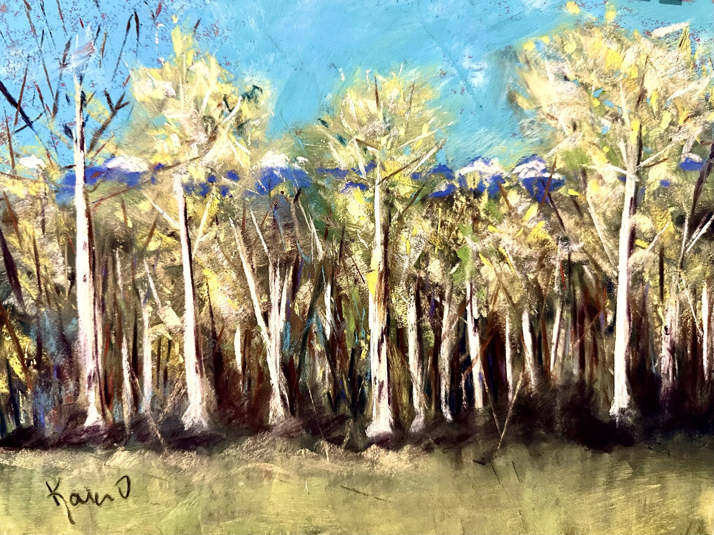 KAREN KNAUB ~ "I find landscapes difficult to do so I appreciate the practice. I wanted to redo this but ran out of time. This is a painting from a photo I took in Colorado. It was prime fall foliage time for the aspens. I fell in love with the color