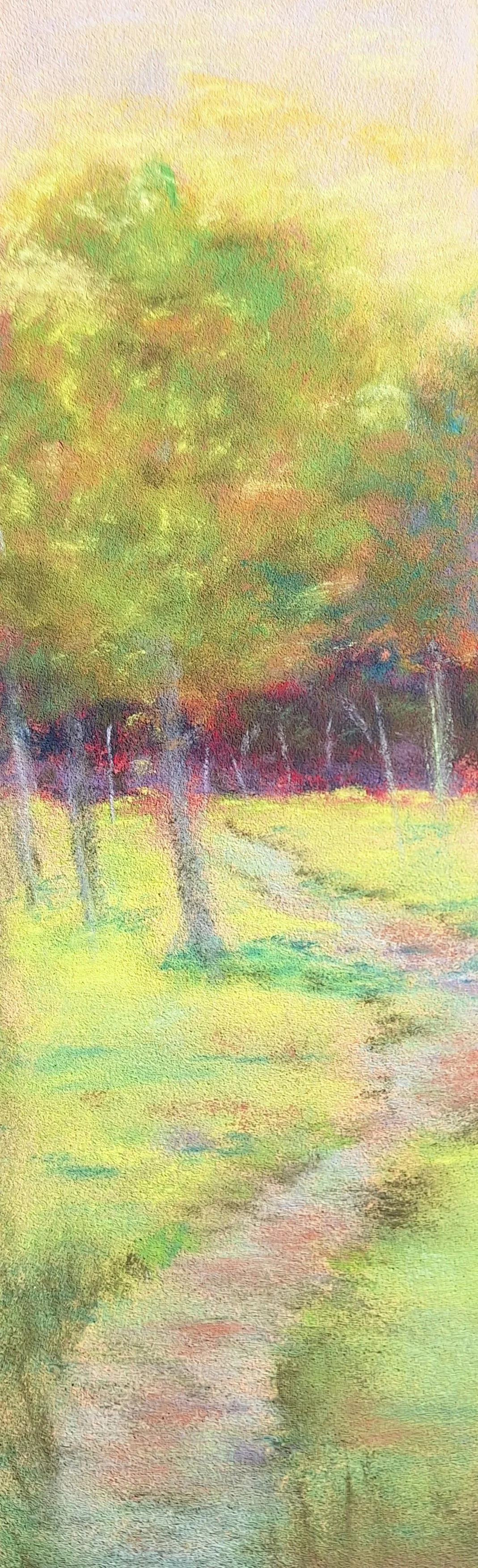 KATHY HUTCHINSON ~ A Pathway In, 9 x 3 -
"I used a scrap of what I think is Pastelmat, and used various pastels. This was inspired by a card a I saw years ago." 