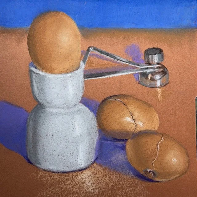 DEBORAH CHASE ~ Not All It’s Cracked Up To Be, 9 x 9 - "I received the Adventure email info late so to speed up the process I used tan Mi-Teintes paper very close to the shade of the eggs. The composition could use some work but it covers the subject