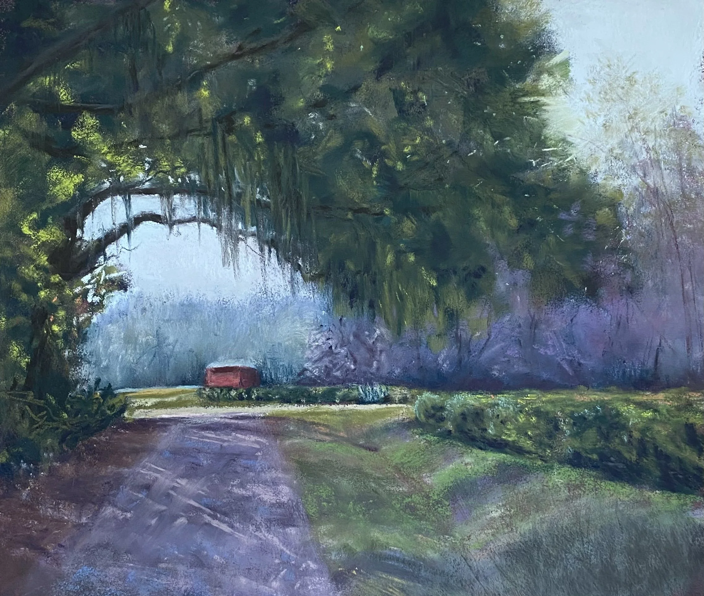 FRANKIE MILHORN ~ 10 x 12 - "I painted this scene simply because of this beautiful and obviously old, tree, and its willowy parts hanging down within it. I loved how it helped to make the path covered over the roadway.  I did paint it from a photo th