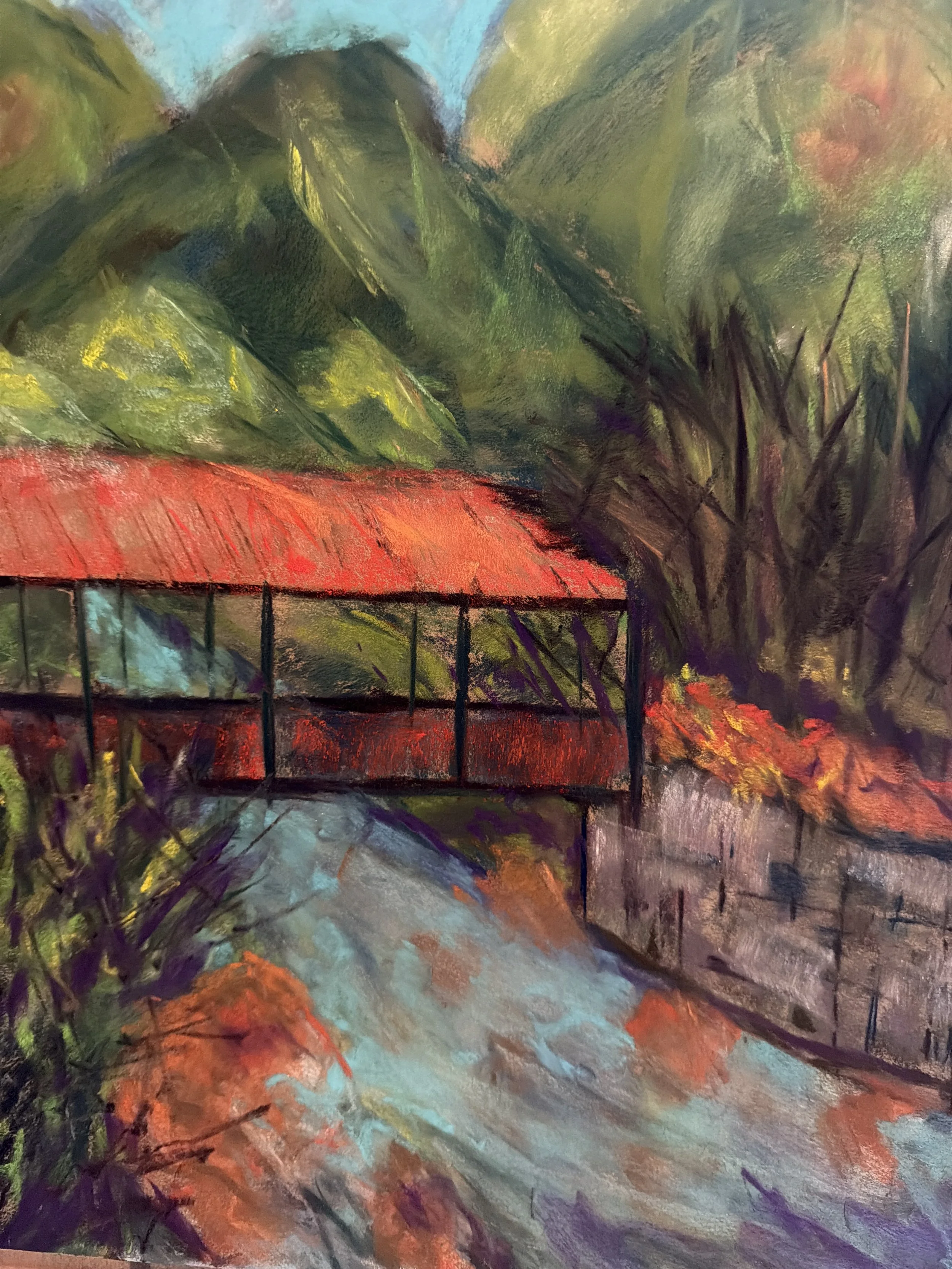 KAREN KNAUB ~ Mountain Country, 16 x 12, many different hard and soft pastels - "I love the mountains of NC, especially taking a drive past farms and orchards, along the river. I always loved coming home and seeing this covered bridge before Chimney 